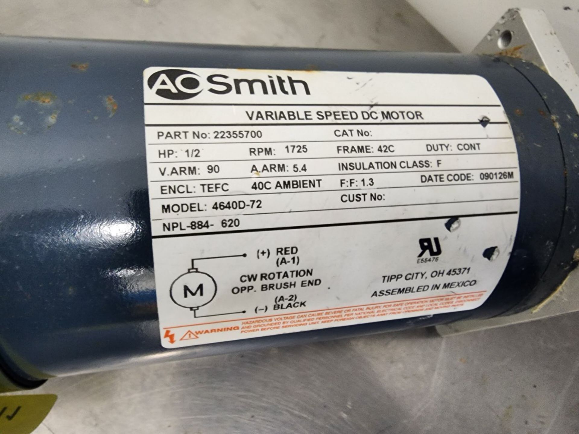 AO Smith Variable Speed DC Motor 1/2HP, 1725RPM, FR: 42C - Image 4 of 4