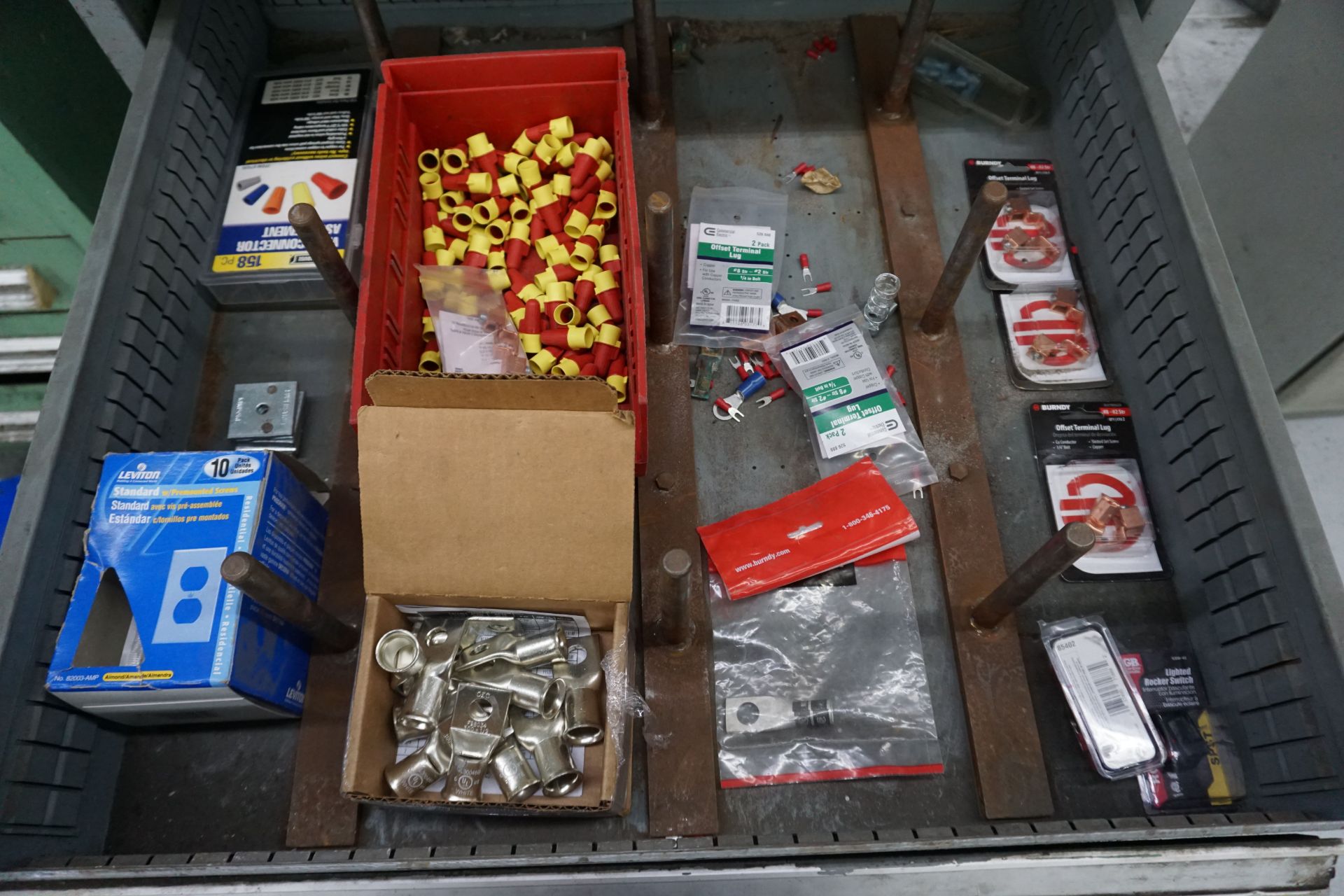 (8) DRAWER TOOL CABINET W/ CONT: ASSORT ELEC PLUGS, OUTLETS, OUTLET BOXES, LARGE FUSES AS SHOWN - Image 6 of 8