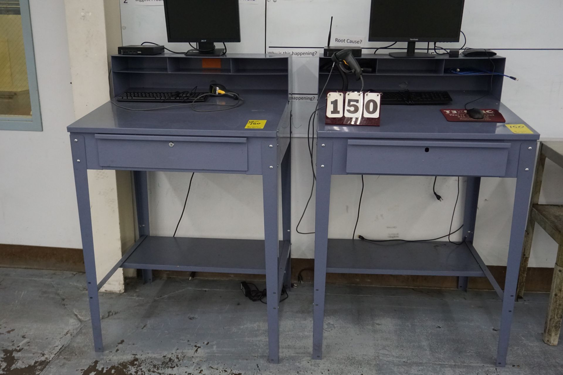 (2) SHOP DESKS W/ MONITORS , KEYBOARDS, BAR CODE SCANNER