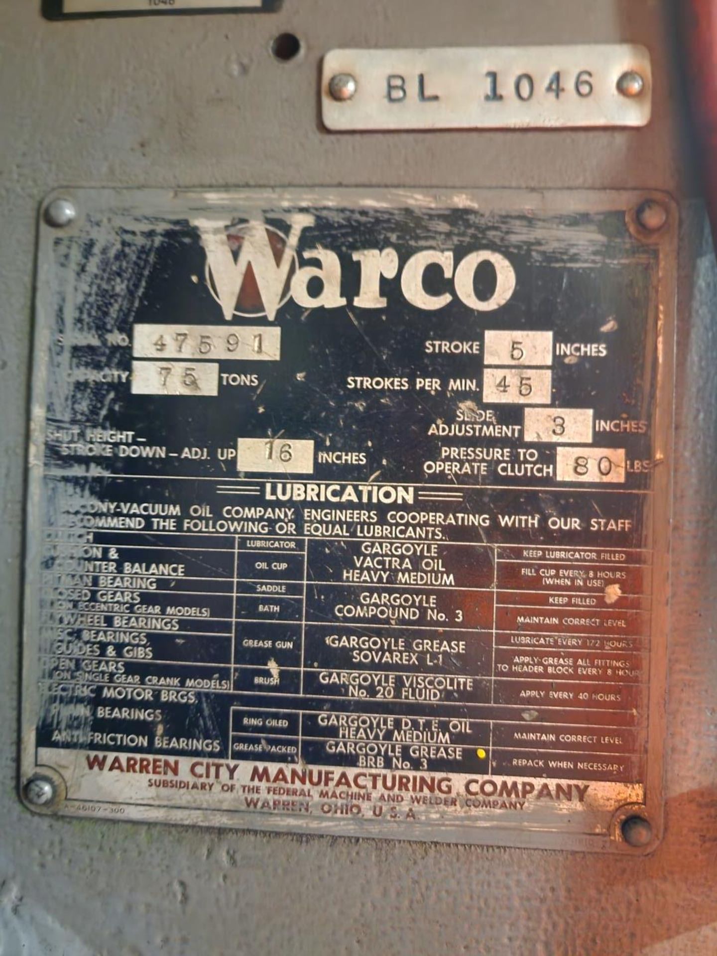 Warco Warco 75 75 Ton Punch Press 5" Stroke, 45 Stroke/Min, 16" Shut Height, 3" Slide Adjustment - Image 13 of 13