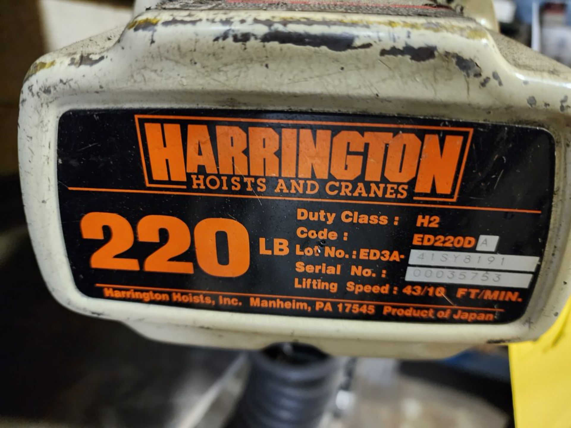 Harrington ED250DA Ele Hoist 250lb Cap; 26ft/10min, 1PH - Image 4 of 4