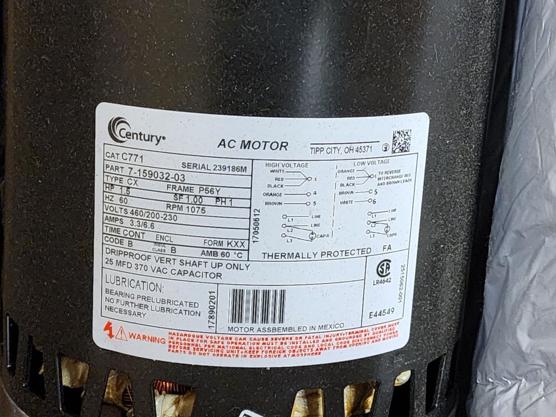 Century Ele Motor 1.5HP, 60HZ, 460/200-230V, 3.3/6.6A, Fr: P56Y, 1PH - Image 4 of 4