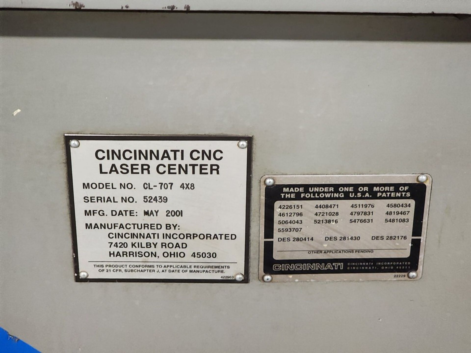 2001 Cincinnati CL-707 4x8 CNC Laser 4x8 Bed, 460V, 3PH, 60HZ, 142A, Largest Motor Rating: 3A, - Image 21 of 22