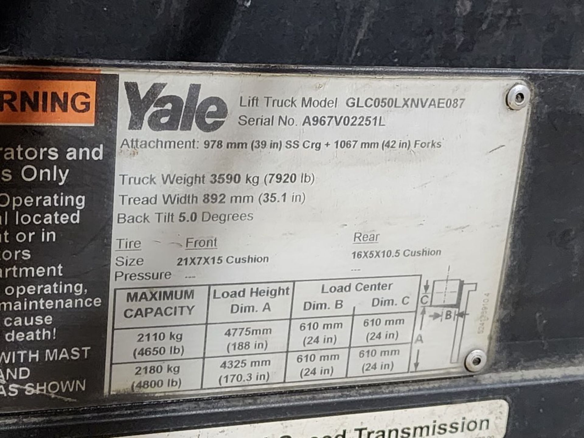 Yale GLC050LXNVAE087 LP Forklift 3-Stage Mast, W/ 72" Forks, 188" Max Lift Ht., 4800lb Cap. (Not - Image 13 of 13