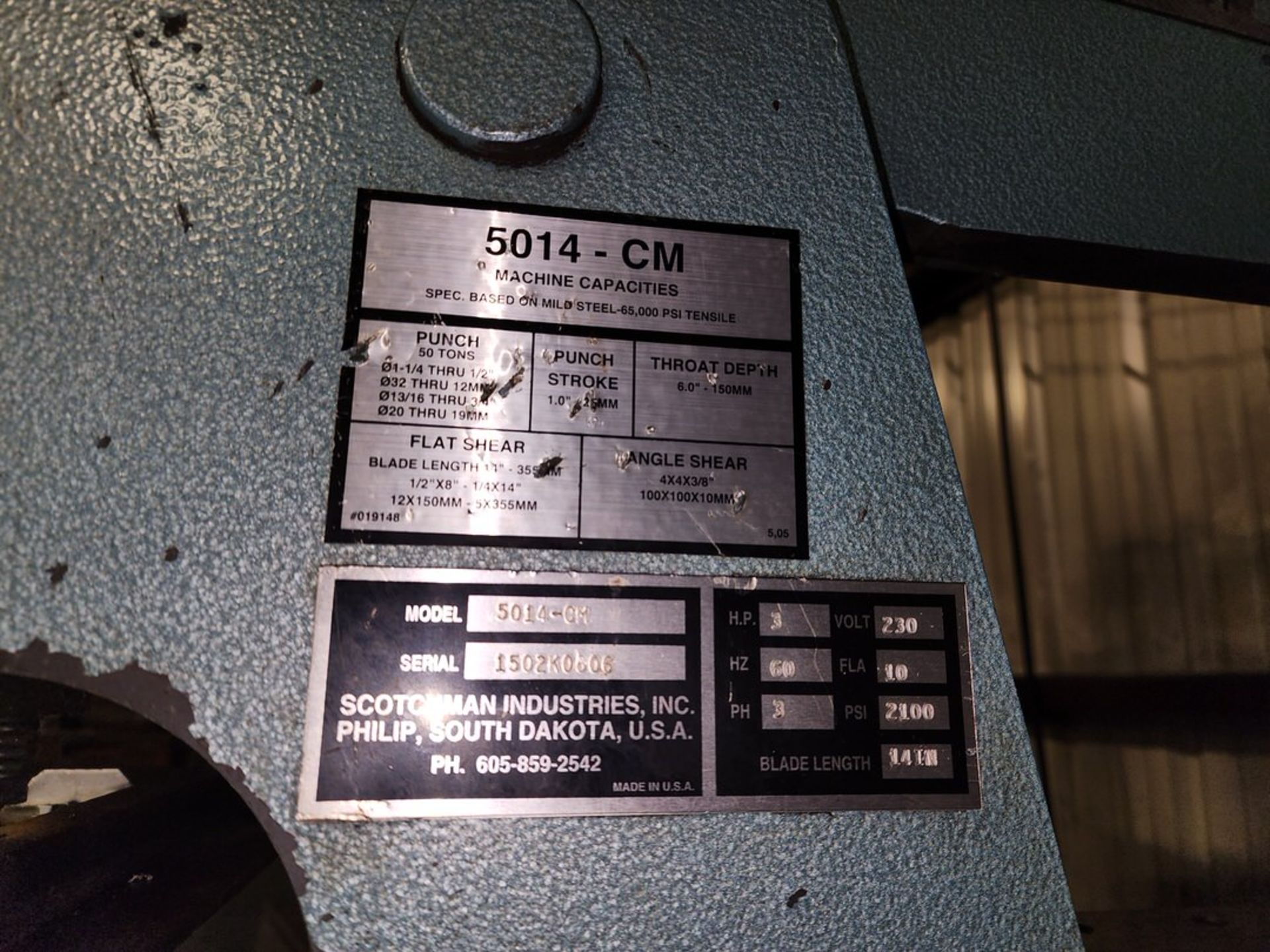 Scotchman 5014-CM 50 Ton Ironworker 3HP, 60HZ, 3PH, 230V, 14" Blade Length, 10FLA, 2100psi, 1" Punch - Image 12 of 12