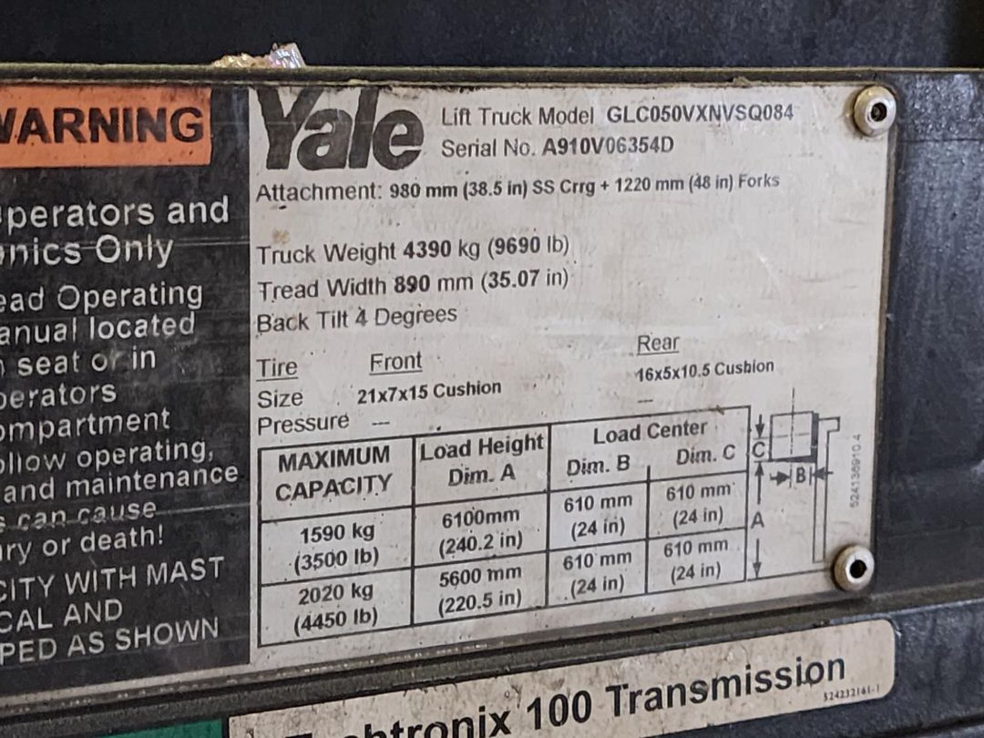 Yale GLC050VXNVSQ84 LP Forklift 4-Stage Mast, W/ 48" Forks, 240" Max Lift Ht., 4450lb Cap., 10, - Image 9 of 15