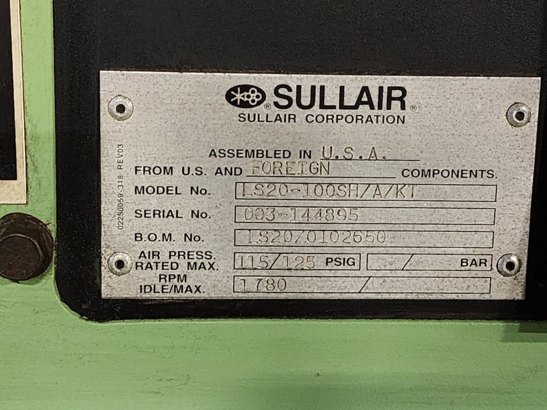 Sullair LS20-100SH/A/KT Air Compressor Air Press. Rated Min: 115/125psi, RPM: 1780 - Image 7 of 12