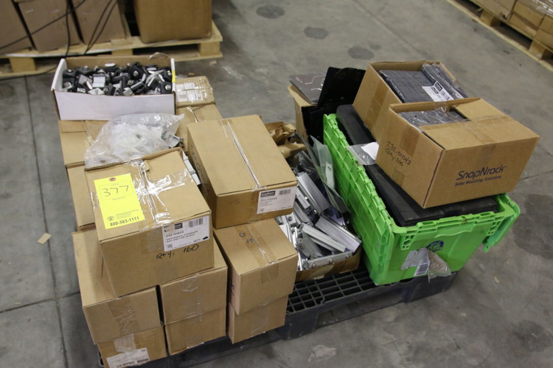Pallet of SnapNRack Channel Nuts, Rail Splice Assemblies and Aluminum Flashgrip