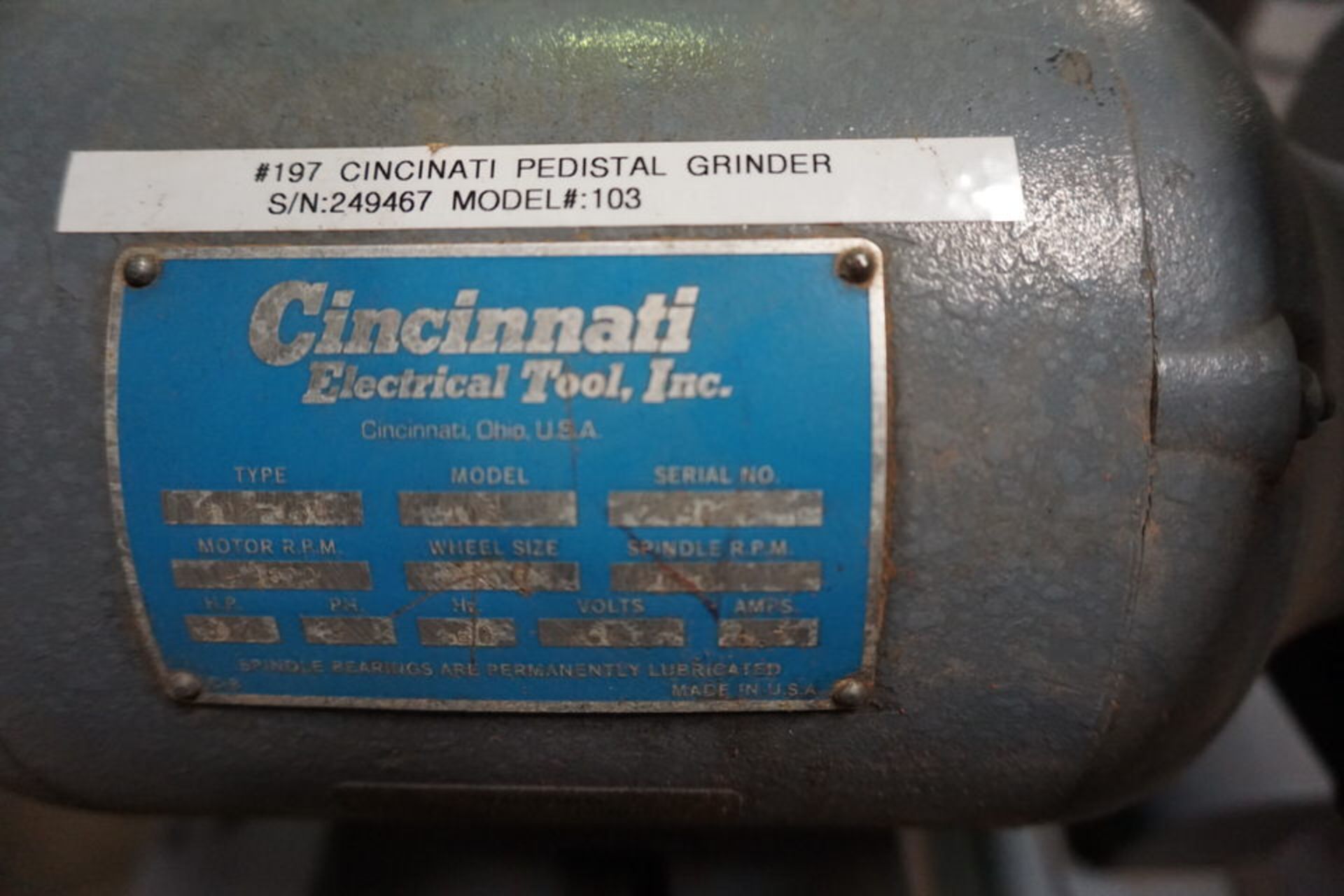 CINCINNATI 8" PEDESTAL GRINDER, MDL 103, 3/4 HP, 460V, 3PH - Image 3 of 5