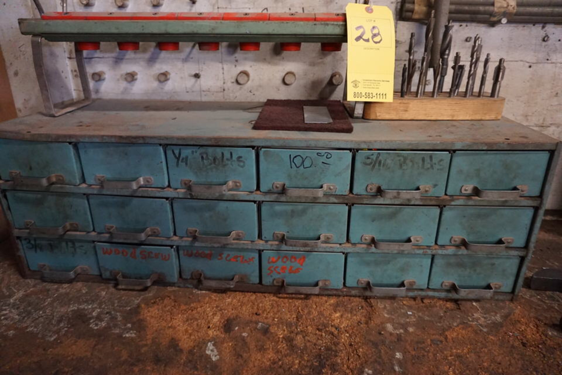 WOOD WORK BENCH W/ CONT: SMALL PARTS BINS MISC TOOLS ON WALL - Image 2 of 5