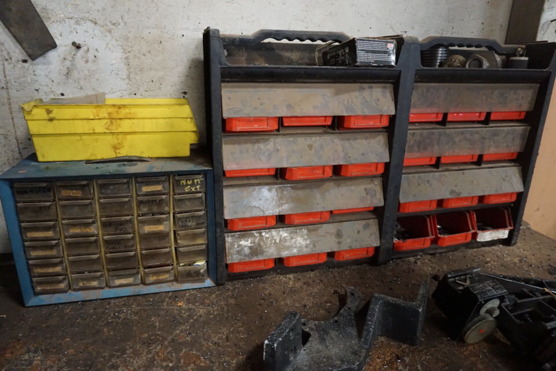 WOOD WORK BENCH W/ CONT: SMALL PARTS BINS MISC TOOLS ON WALL - Image 3 of 5