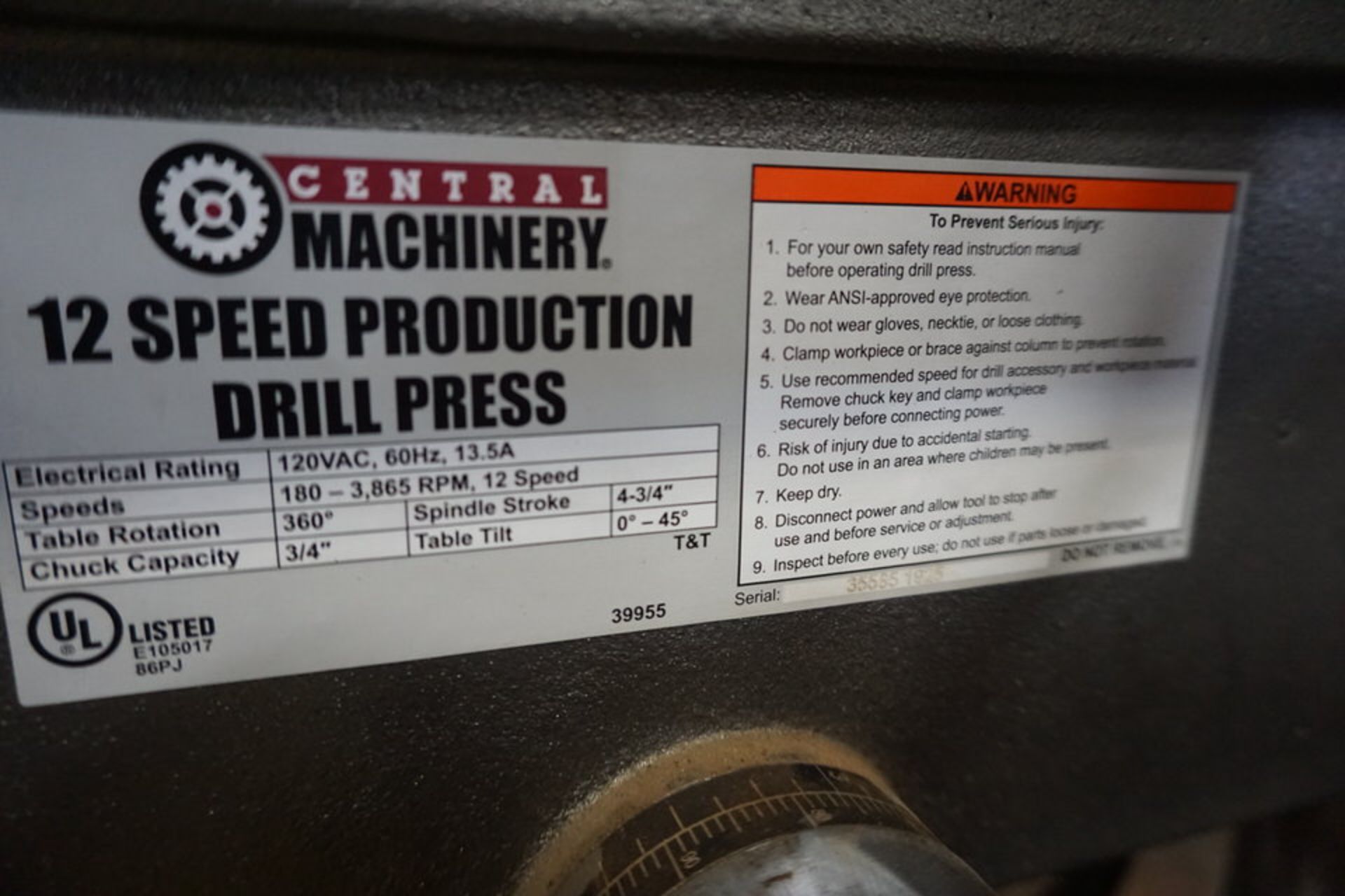 CENTRAL MACHINERY 15" DRILL PRESS, 12 SPEED, 1/2" CAP - Image 5 of 5