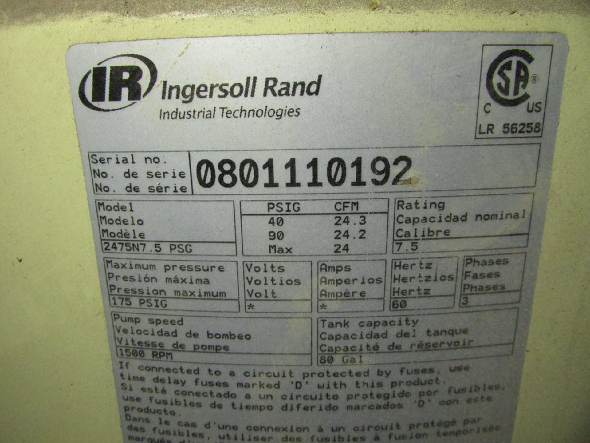 Ingersoll Rand 2475N7.5PSG 7.5HP Vertical Tank Mounted Air Compressor, 24CFM, 175 PSIG Max, 80 - Image 7 of 7