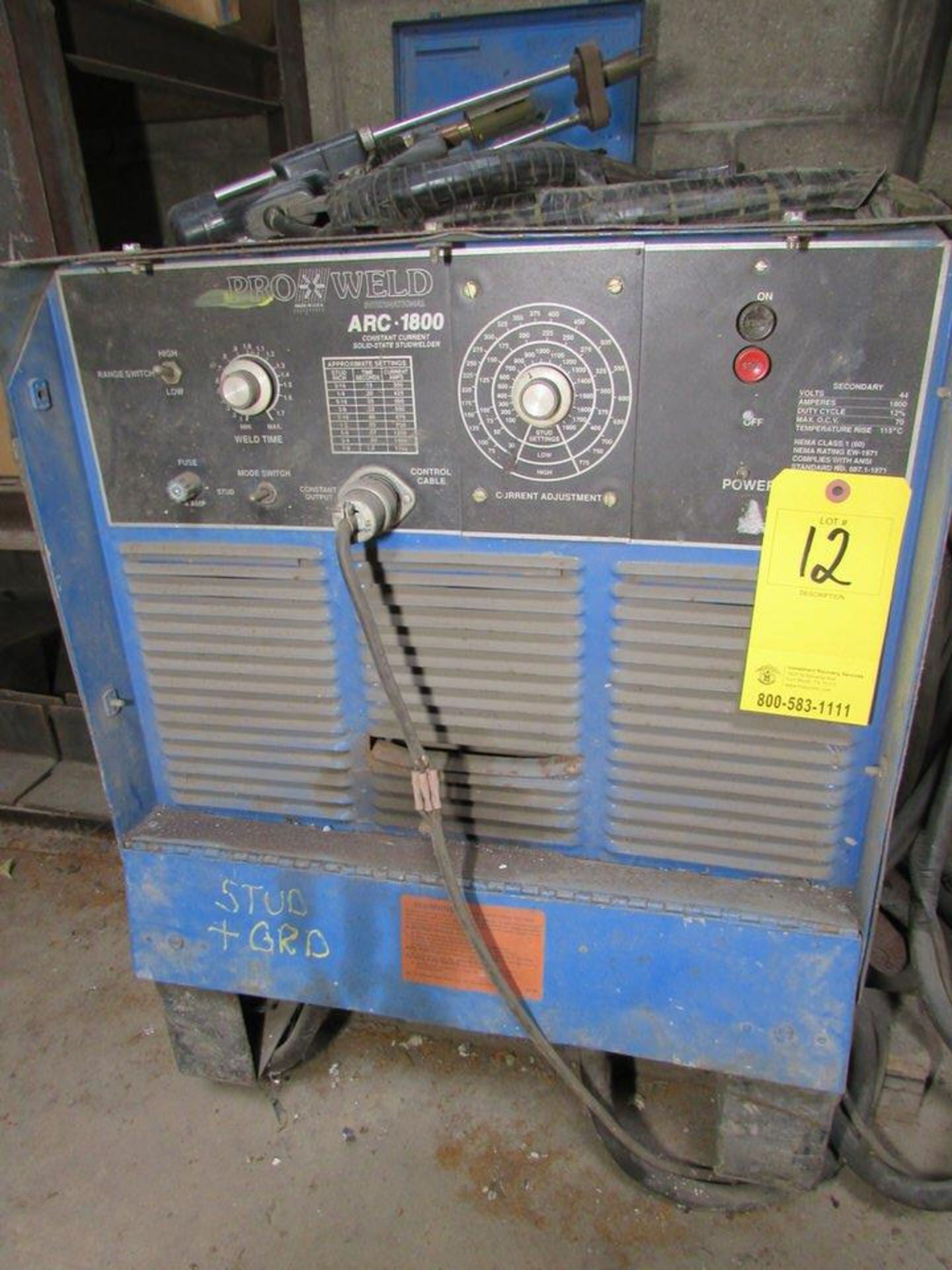 Pro Weld Arc 1800 CC Solid State Stud Welder, 1800A 44V 12% Duty Cycle 70 Max OCV Output; With Erico - Image 2 of 7