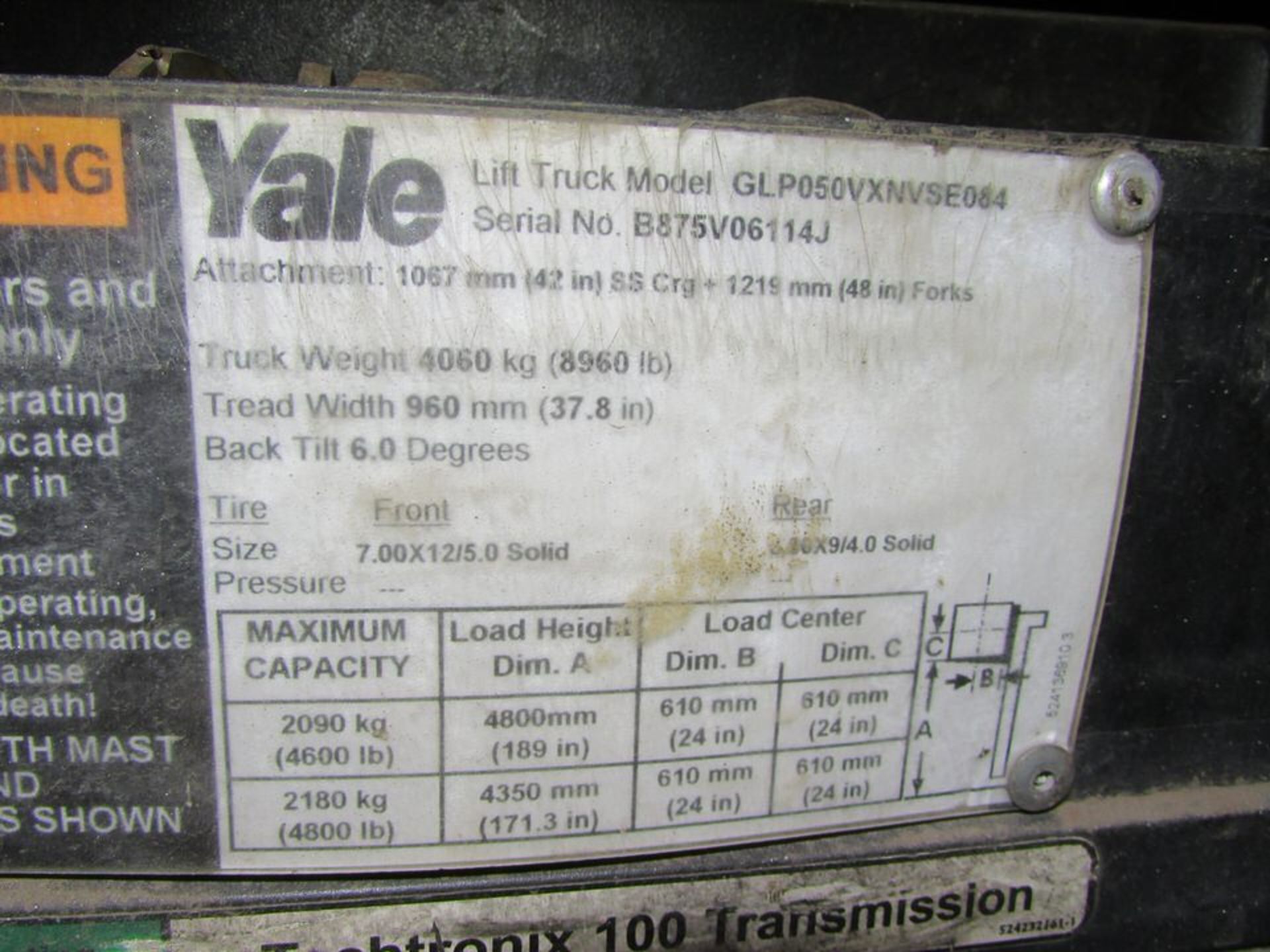 Yale GLP050VXNVSE084 4800-Lb LP Fork Truck, 48" Forks, 189" Mast, Side Shift, Solid Rubber Tires, - Image 10 of 10