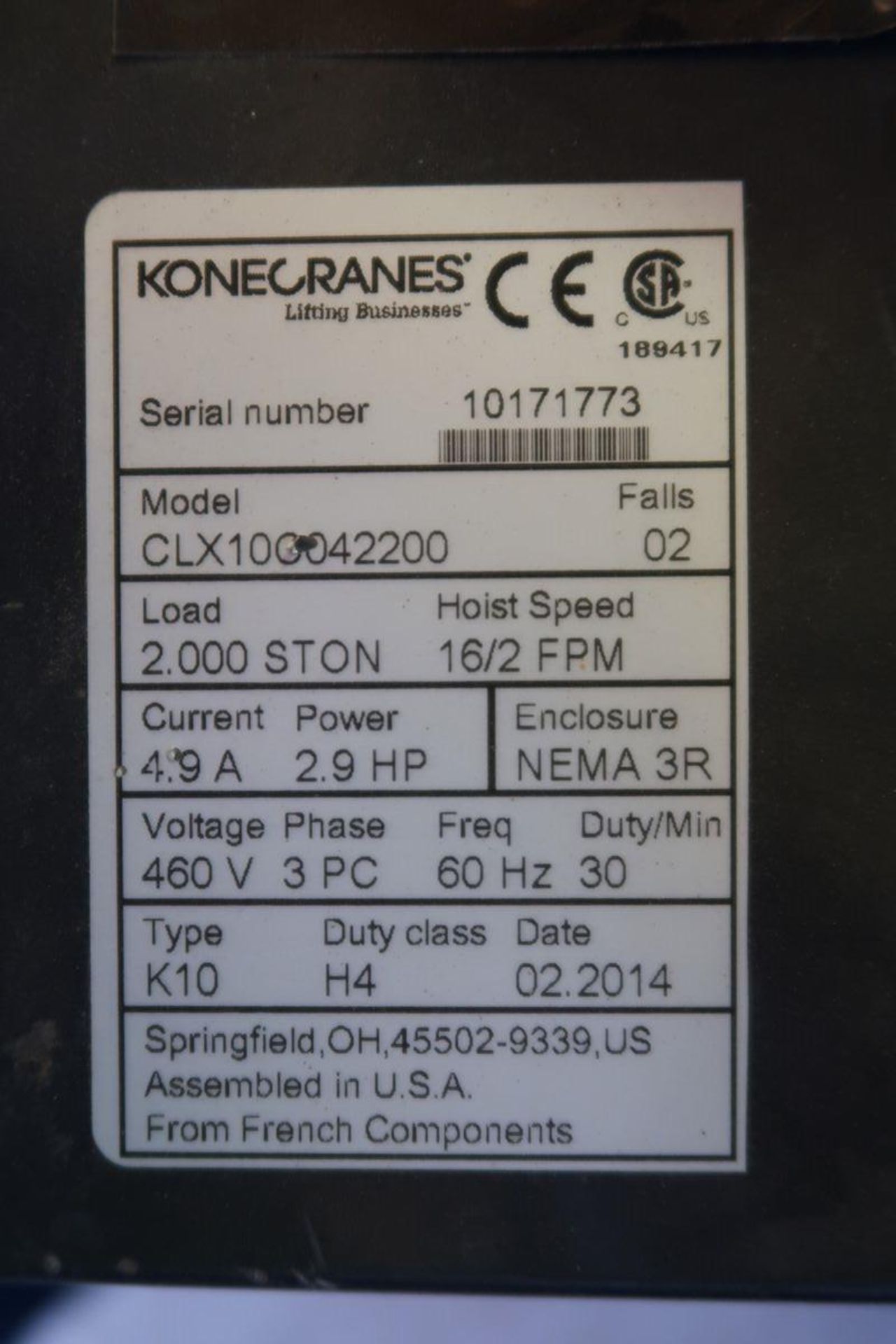 2014 Kone Cranes Model CLX100042200 2-Ton Electric Chain Hoist, 16/2 FPM, 2.9 HP, 460V, 4.9A, 3PH, - Image 3 of 3