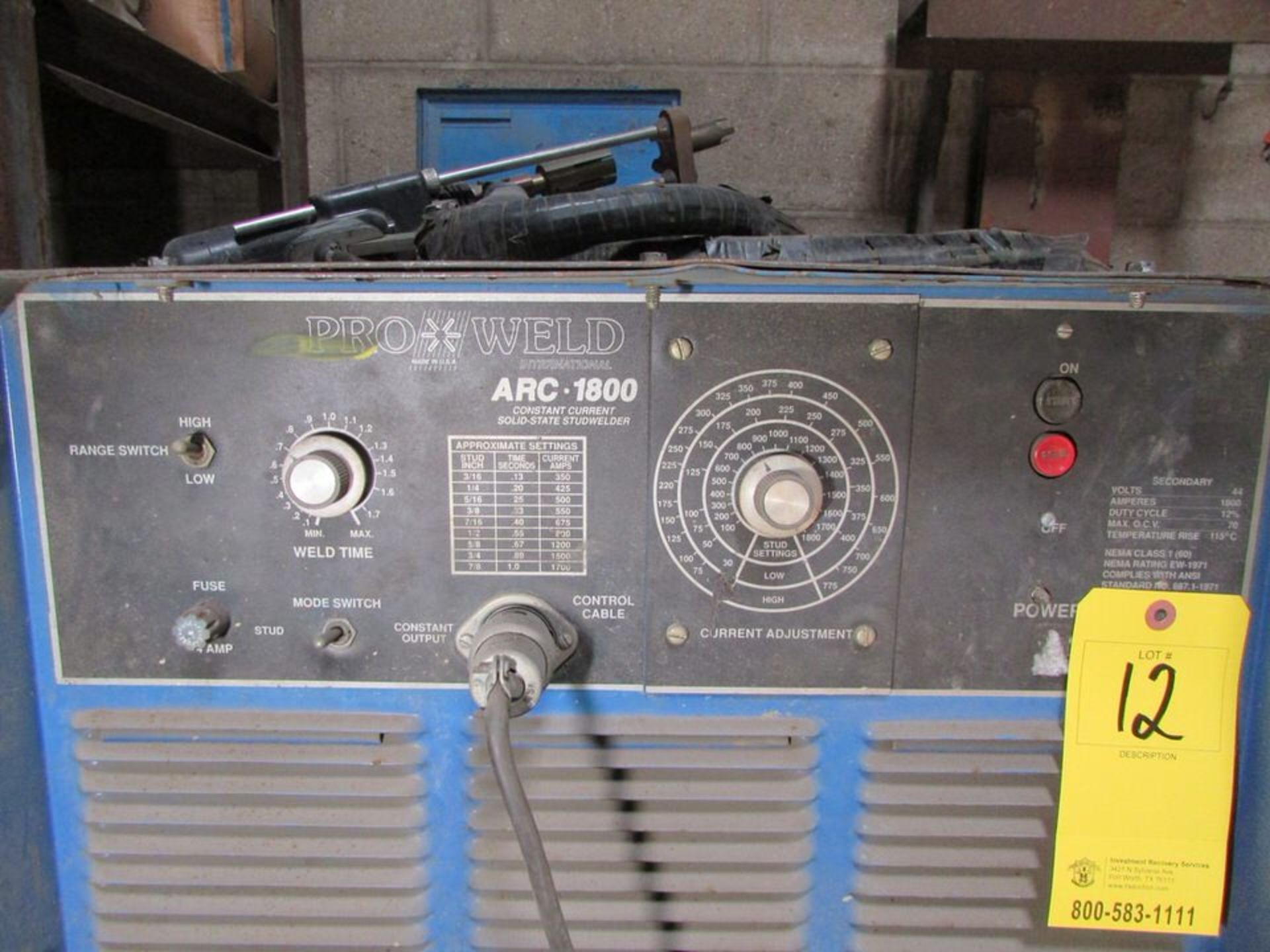 Pro Weld Arc 1800 CC Solid State Stud Welder, 1800A 44V 12% Duty Cycle 70 Max OCV Output; With Erico - Image 3 of 7