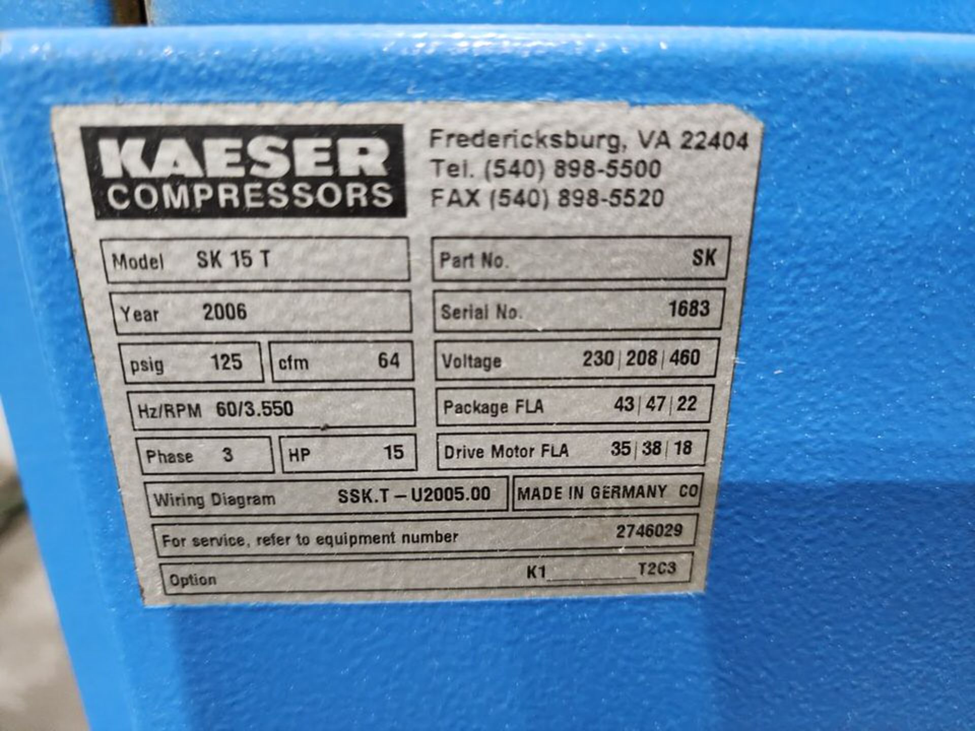 Kaeser SK15T Compressor 125psi, 64CFM, 60HZ, 230/208/460V, 3.550RPM, 3PH, 15HP, 43/47/22FLA - Image 7 of 7