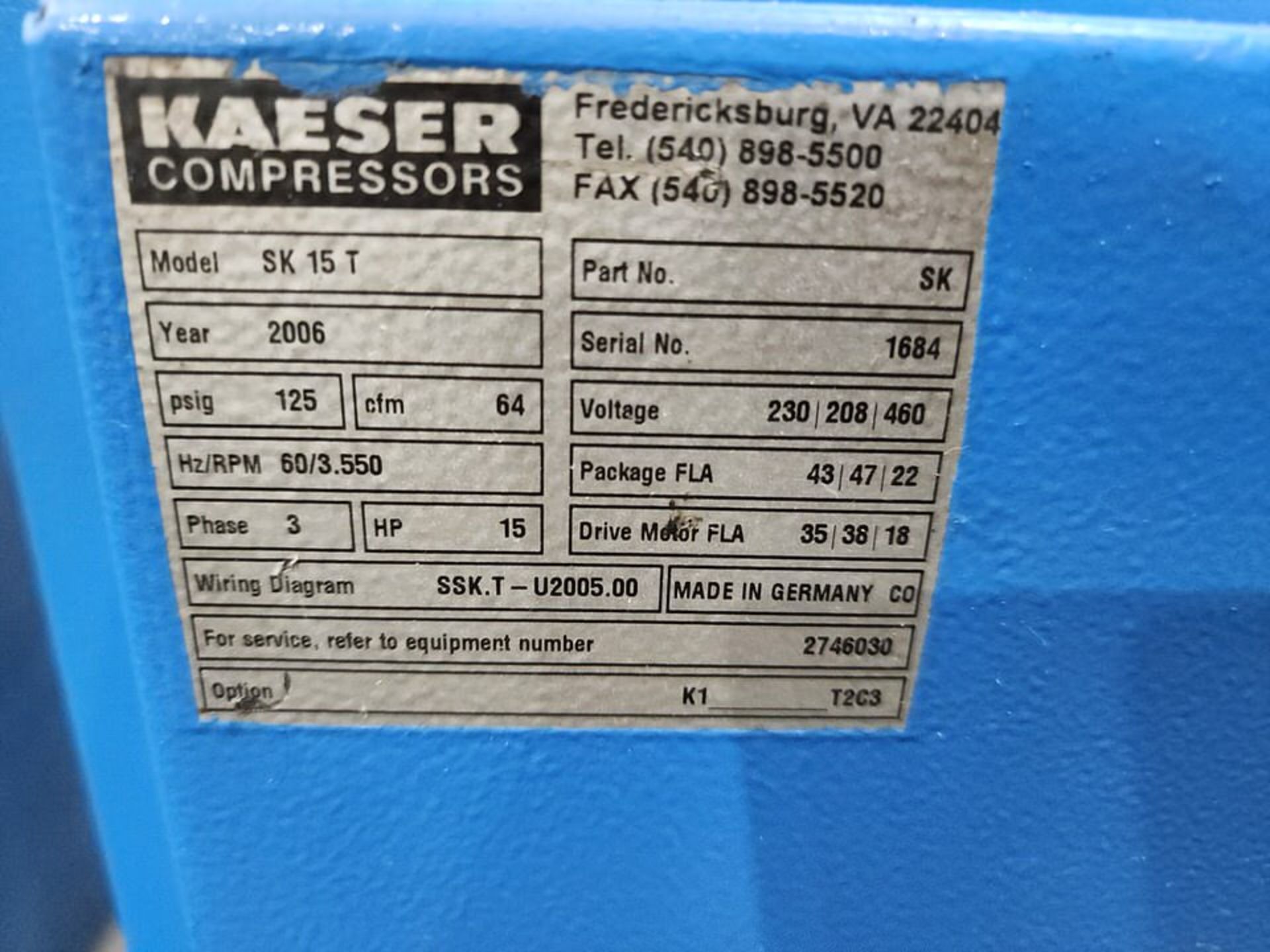 Kaeser SK15T Compressor 125psi, 64CFM, 60HZ, 230/208/460V, 3.550RPM, 3PH, 15HP, 43/47/22FLA; W/ - Image 8 of 17