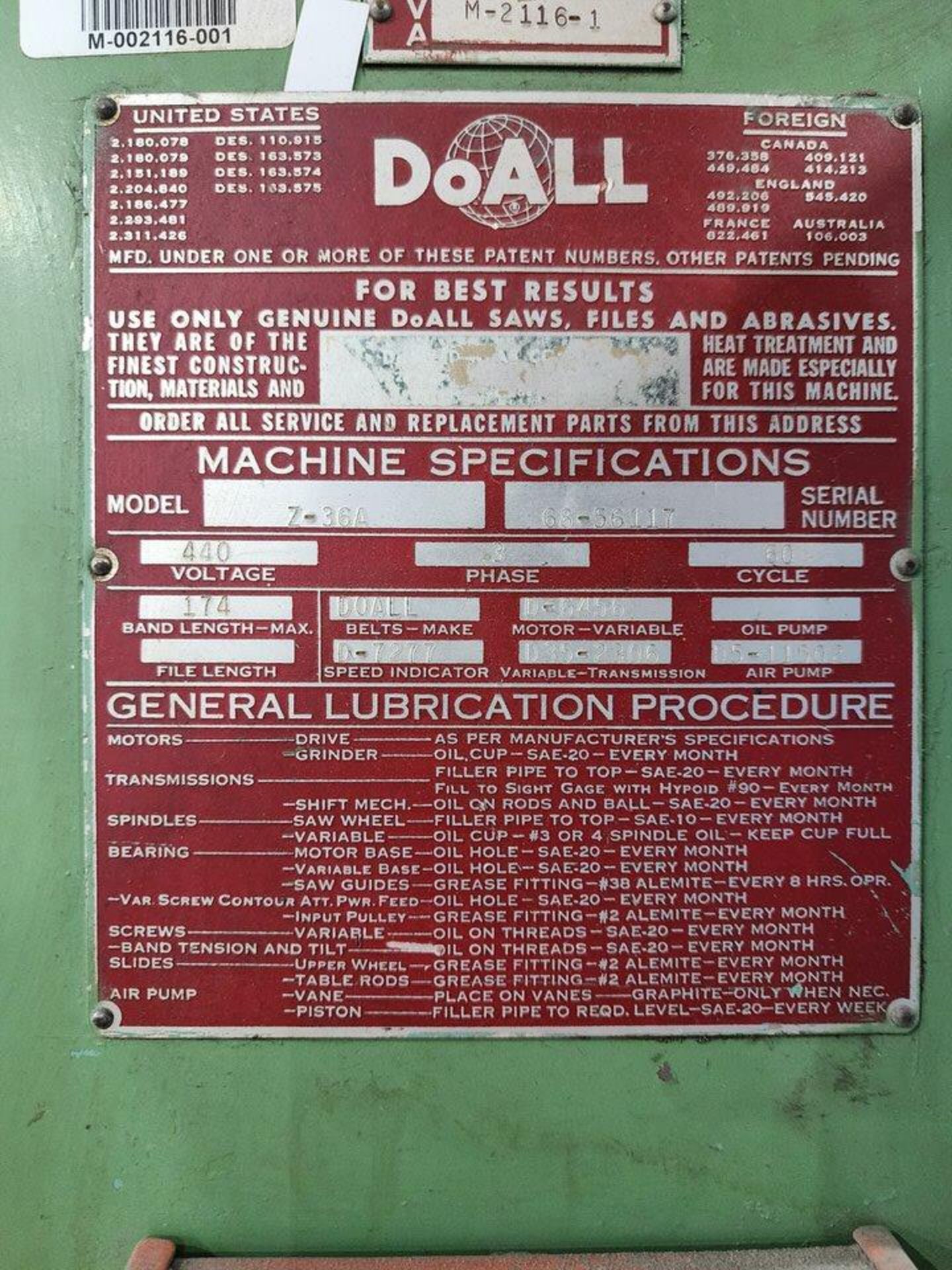 DoAll Z-36A 36" Vertical Bandsaw 440V, 3PH, 60HZ; (1) Table, 30" Dia; (1) Table, 20" x 17" - Image 17 of 17