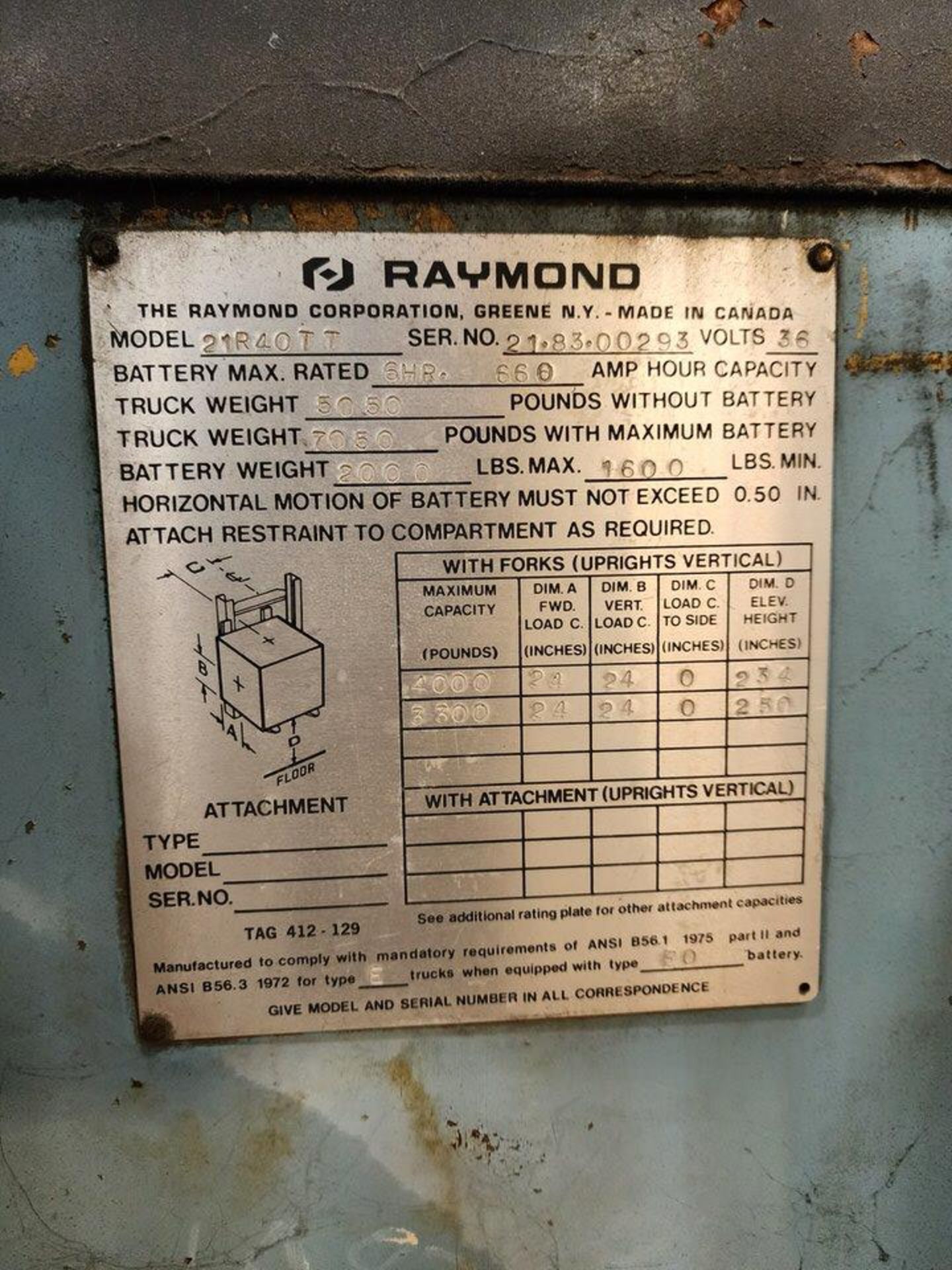 Raymond 21R40TT Ele Stacker Forklift 36V, 4K Cap. (Parts Only) - Image 7 of 7