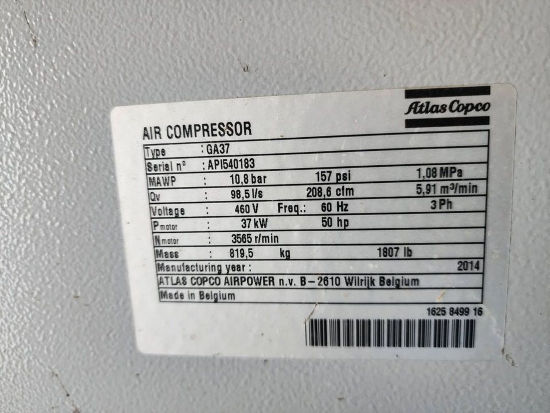 Atlas Copco GA37 Air Compressor 460V, 3PH, 50HP, 10,8bar; 208CFM, 157psi - Image 7 of 7