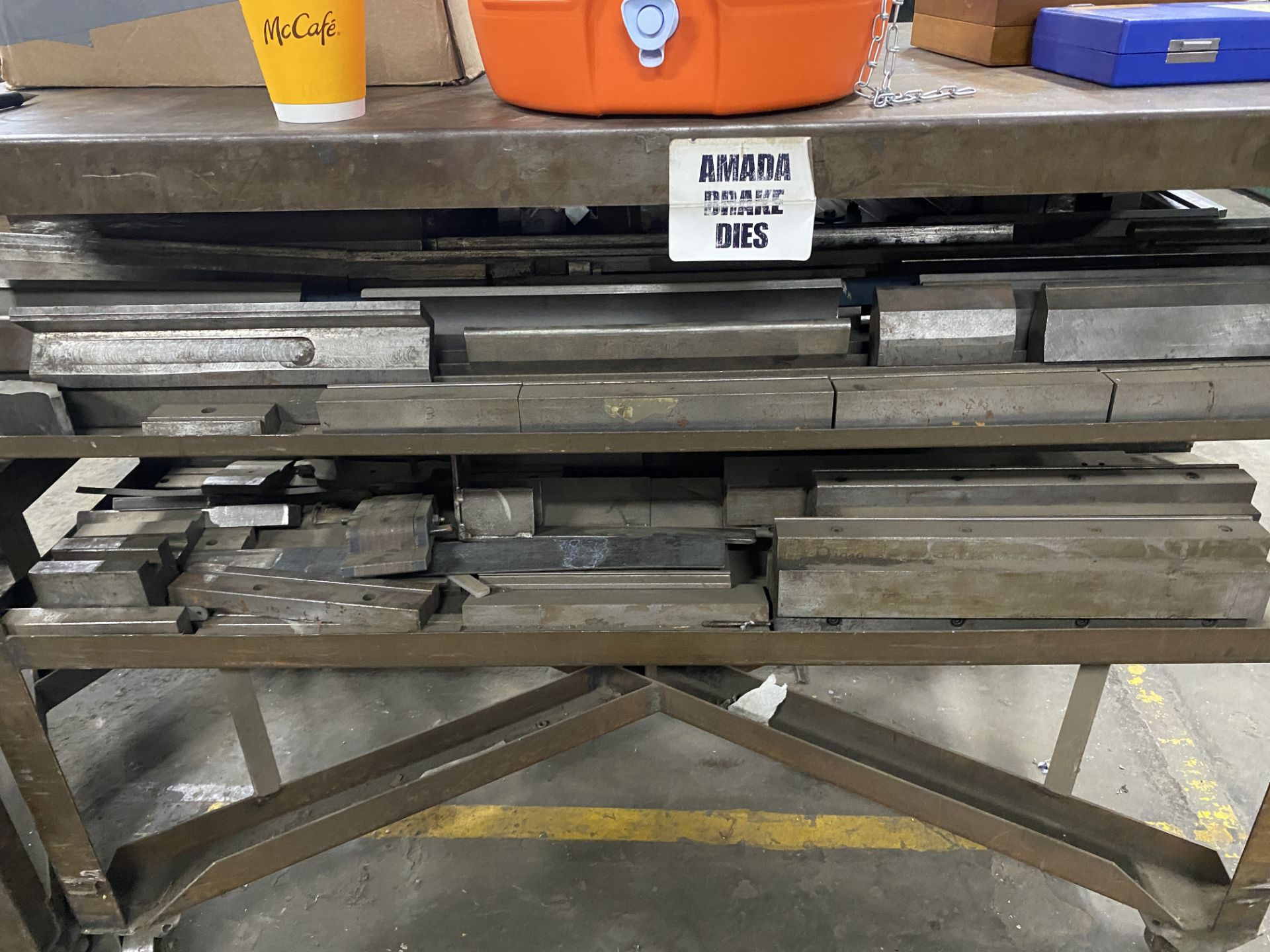 (1) Port. Steel Table w/ Asst. Brake Dies for Amada Brake