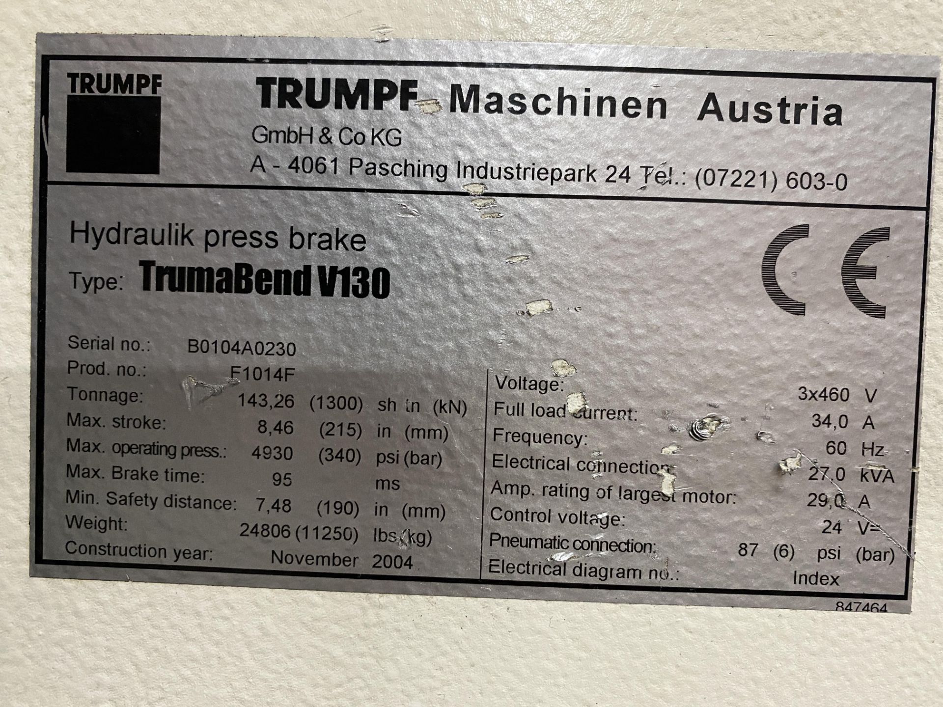(1) 2004 Trumpf TrumaBend V130 Hydraulic Power Press Brake s/n B0104A0230, 143.26 Ton, 10?, 8.46 Max - Image 11 of 13