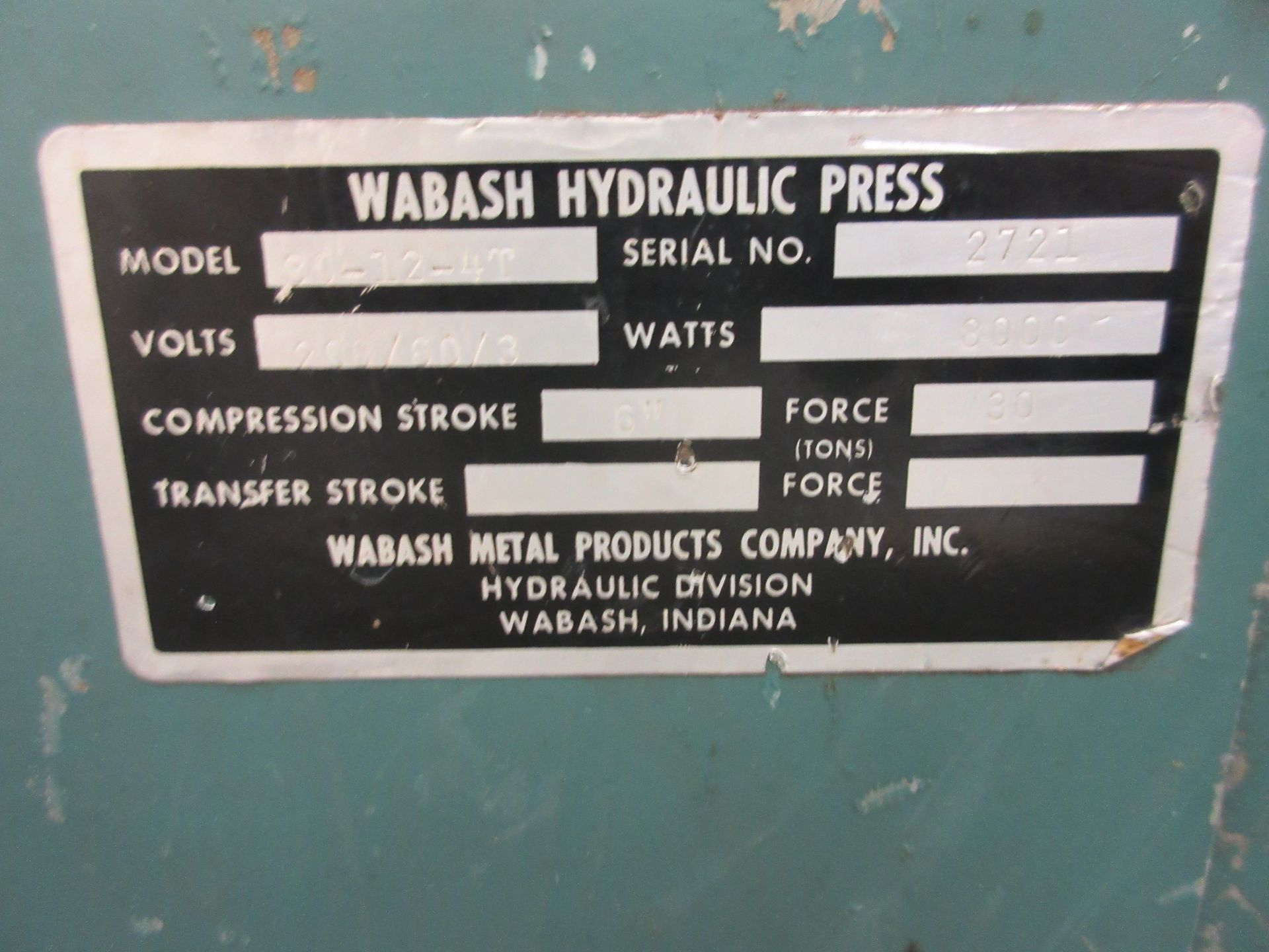 (1) Wabash 80-12-4 Hyd. Platen Press, S/N 2721 - Image 2 of 4