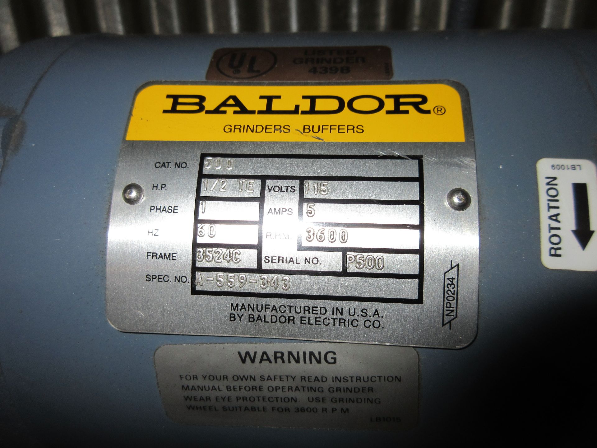 Baldor #500 D.E. Bench Grinder, .5 HP - Image 2 of 2