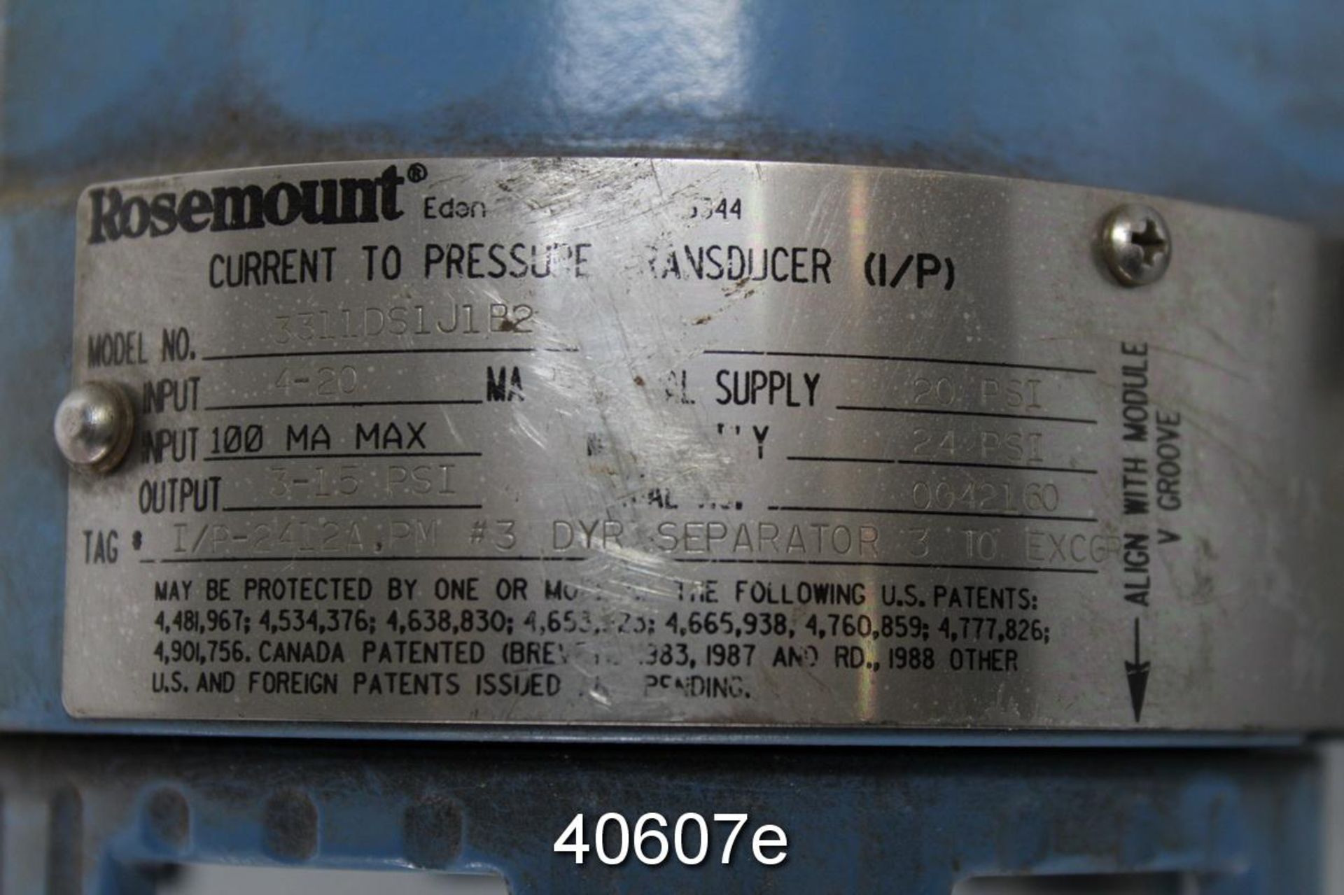 Rosemount 3311DS1J1B2 Current To Pressure Transducer, Model 3311ds1j1b2, Normal Supply 20 Psi, Max - Image 5 of 5