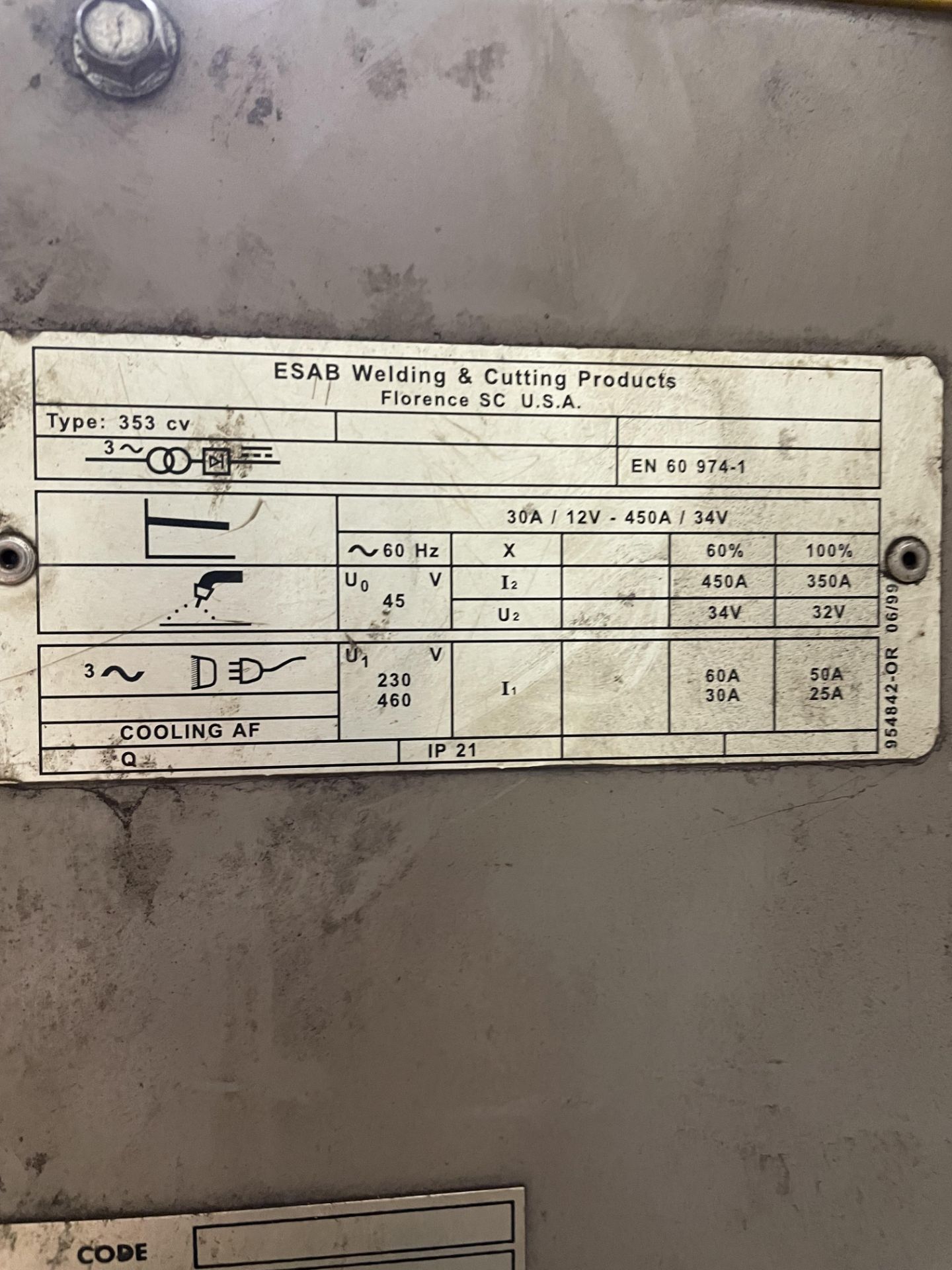 (1) ESAB 353 CV Welder, S/N ME-J203011 w/ Mig 4HD Wire Feed - Image 6 of 6