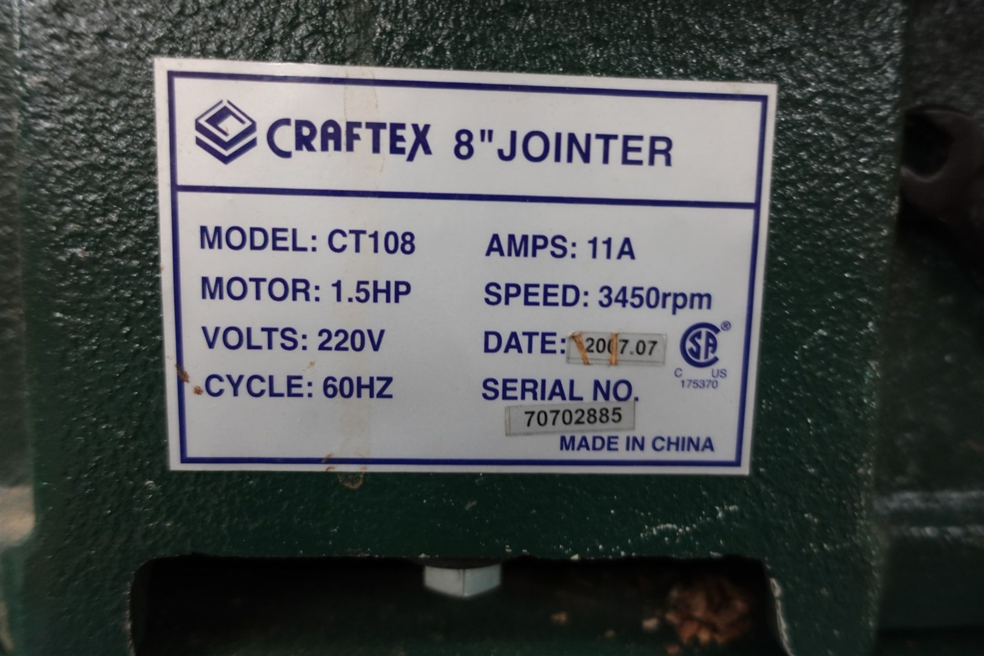 CRAFTEX 8 IN. JOINTER MODEL CT108, 1.5HP, 220V - Image 3 of 3