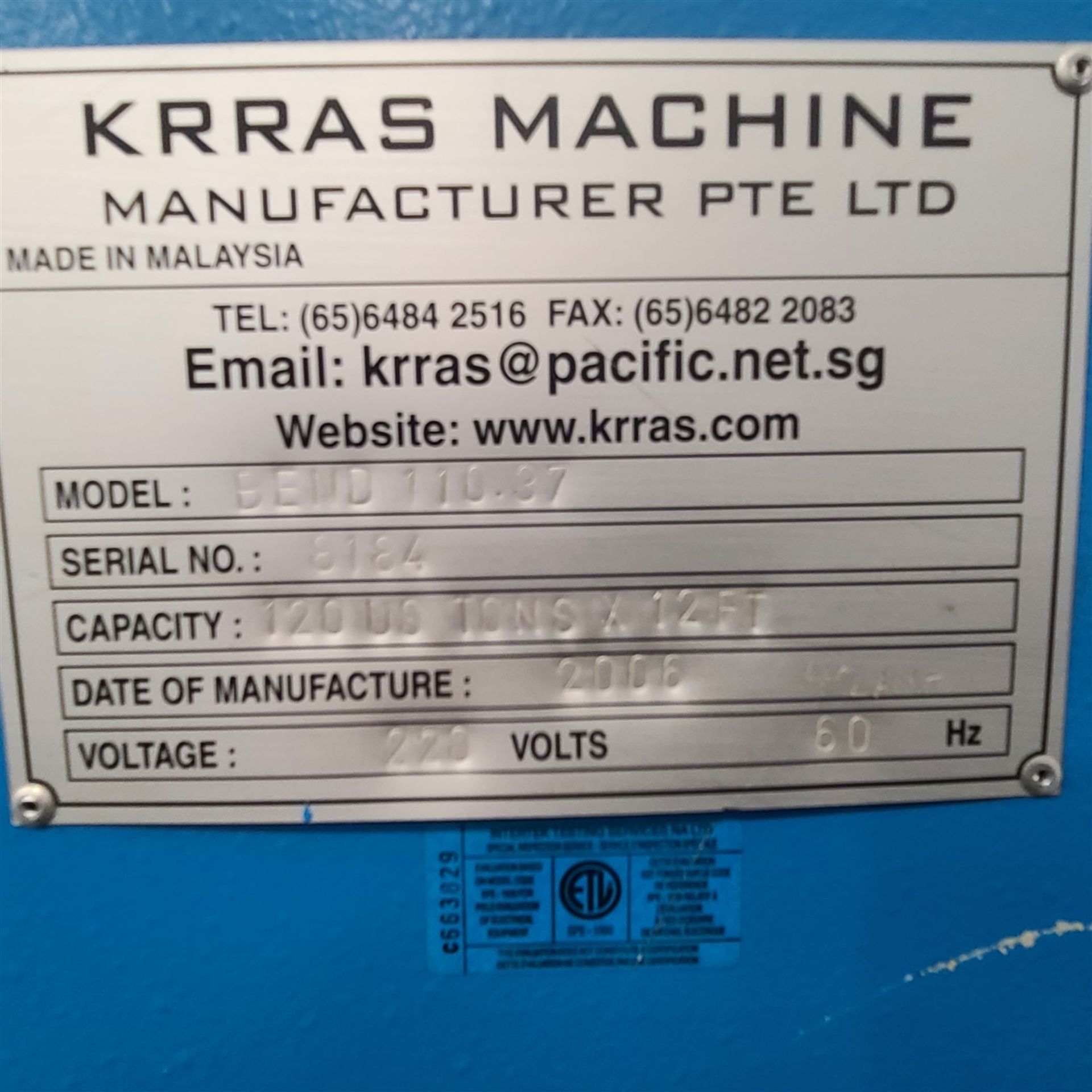 HYD. PRESS BRAKE - 2006 KRRAS MOD. BEND 110-37, 120T x 12 FT. 220/440/3PH., S/N 8184, PROGRAMMABLE - Image 6 of 8