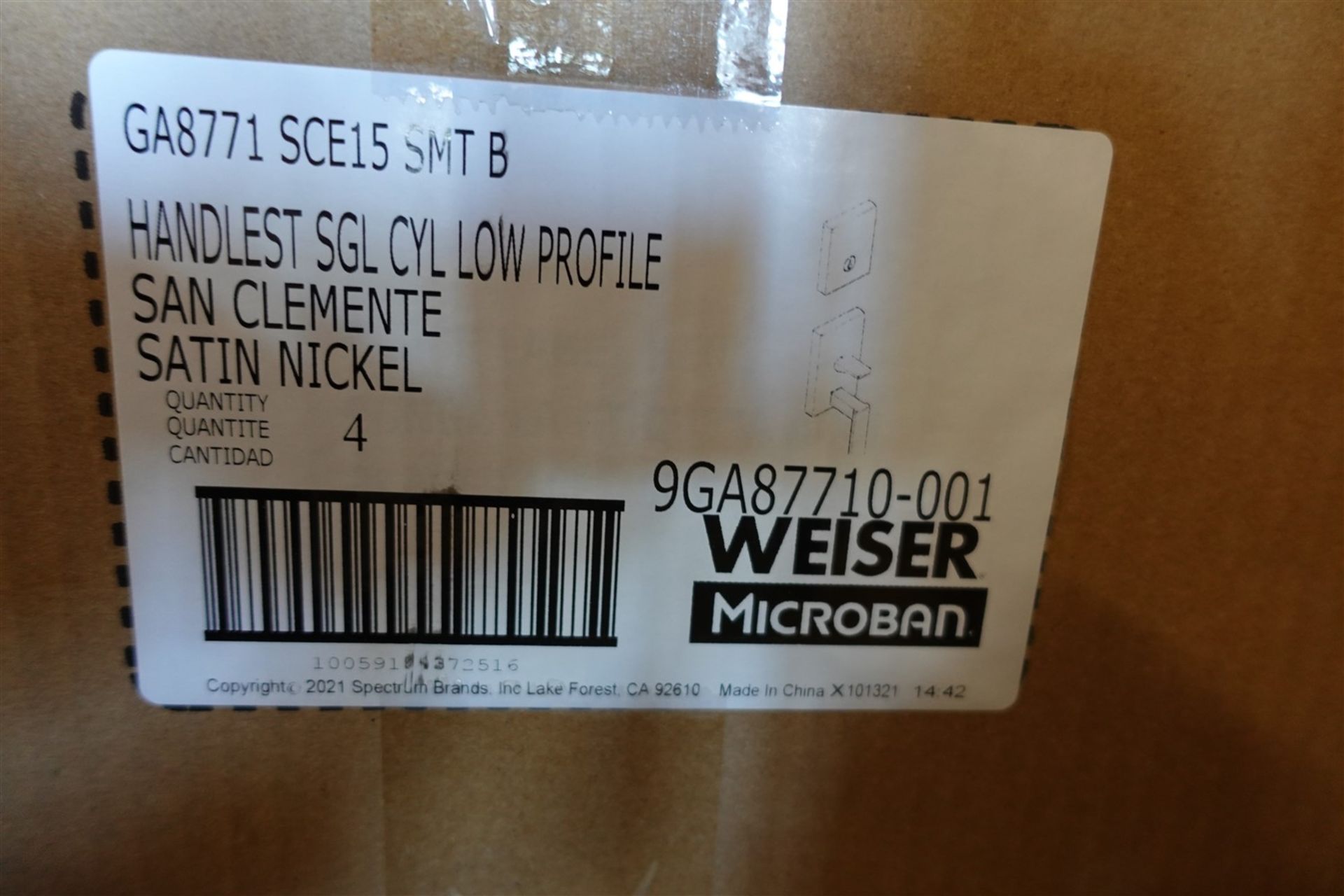 WEISER HANDLE SET SGL CYL. LOW PROFILE SAN CLEMENTE SATIN NICKEL GA 8771 SLE15 SMT B - Image 3 of 3