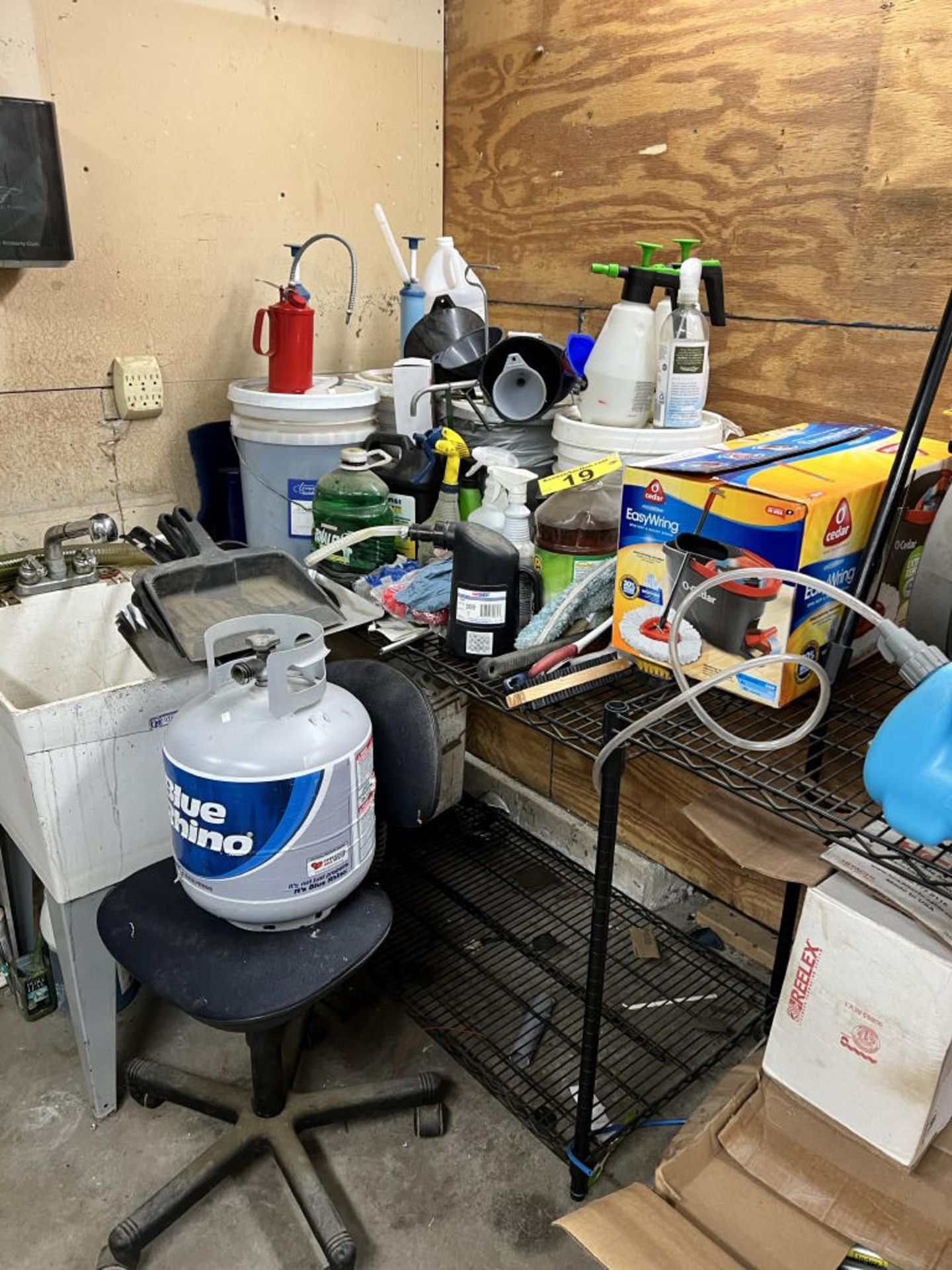 LOT: PROPANE TANK, SPIN MOP, DUSTPANS, CARQUEST BATTERY FILLER, MACHINE OIL, PUMPS, FUNNELS, OIL CAN