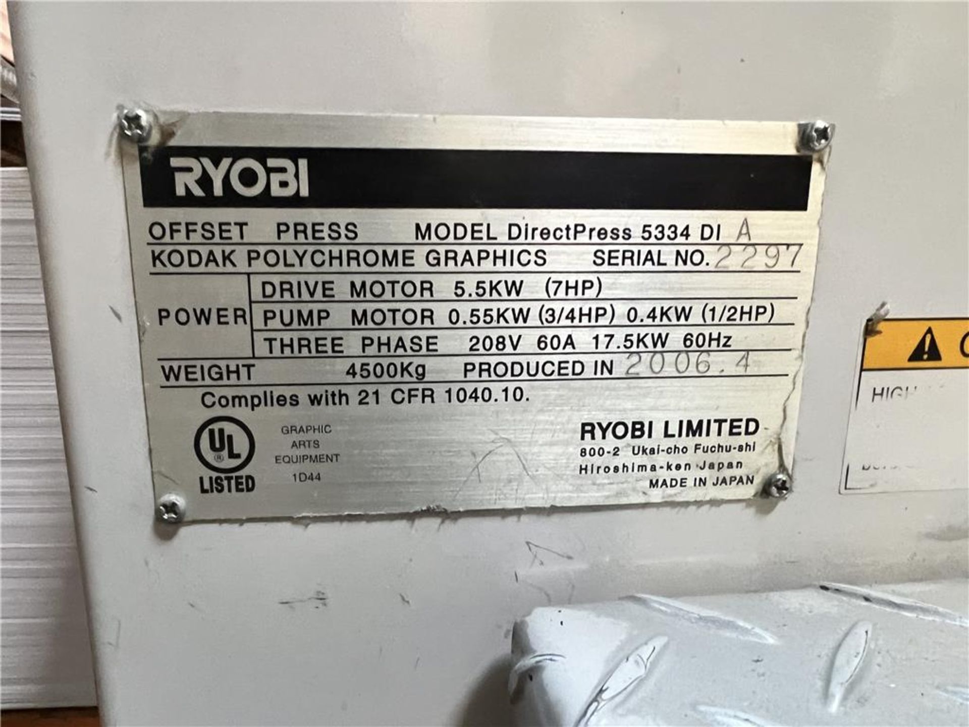 2006 RYOBI KODAK POLYCHROME DIRECTPRESS 5334 DI 4-COLOR DIGITAL OFFSET PRINTING PRESS, 3PH, 7HP - Image 2 of 13