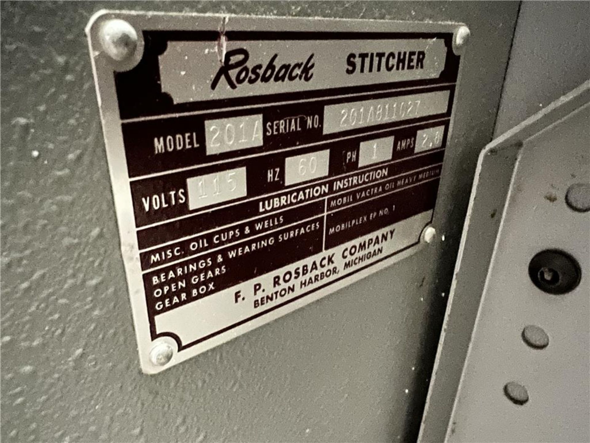 ROSBACK MODEL 201A AUTO-STITCHER, SINGLE PHASE, 115 VOLT, S/N: 201A801127 - Image 6 of 6