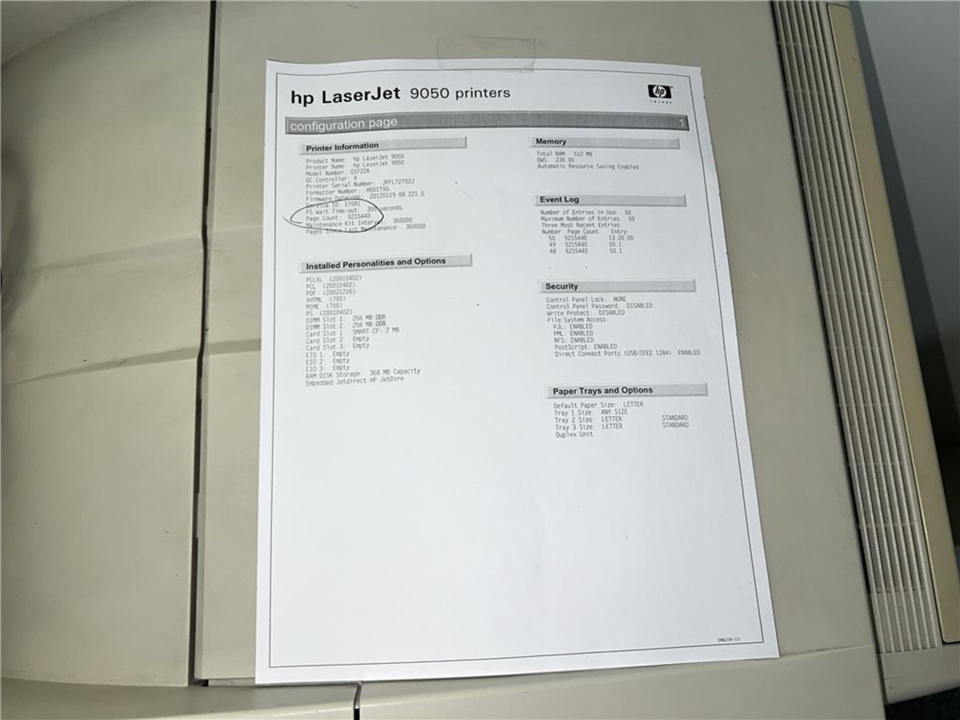 HP LASERJET 9050DN MULTIFUNCTION PRINTER, 5,215,440 IMPRESSIONS, S/N: JPCL59805D - Image 2 of 2