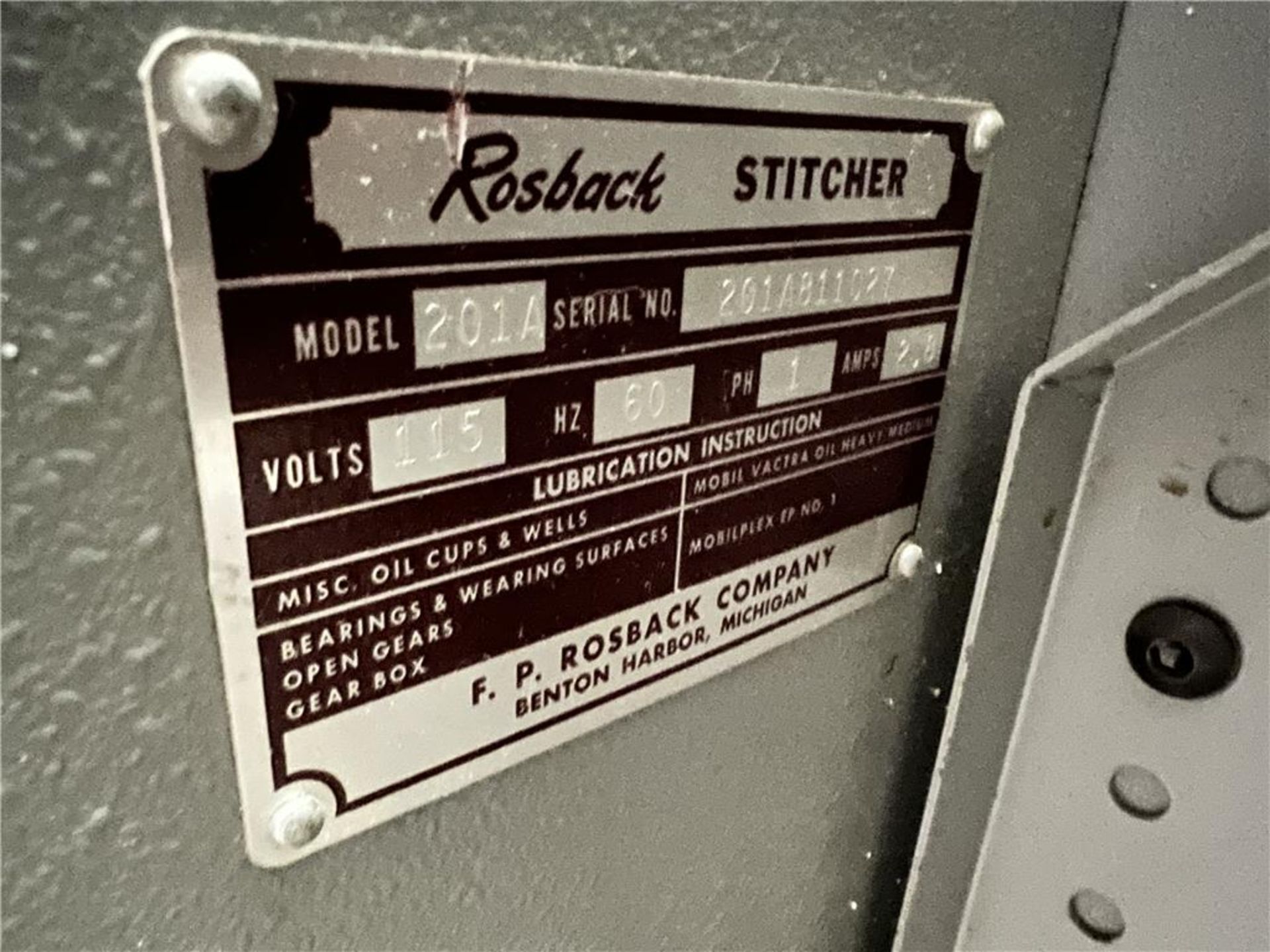 ROSBACK MODEL 201A AUTO-STITCHER, SINGLE PHASE, 115 VOLT, S/N: 201A801127 - Image 5 of 6