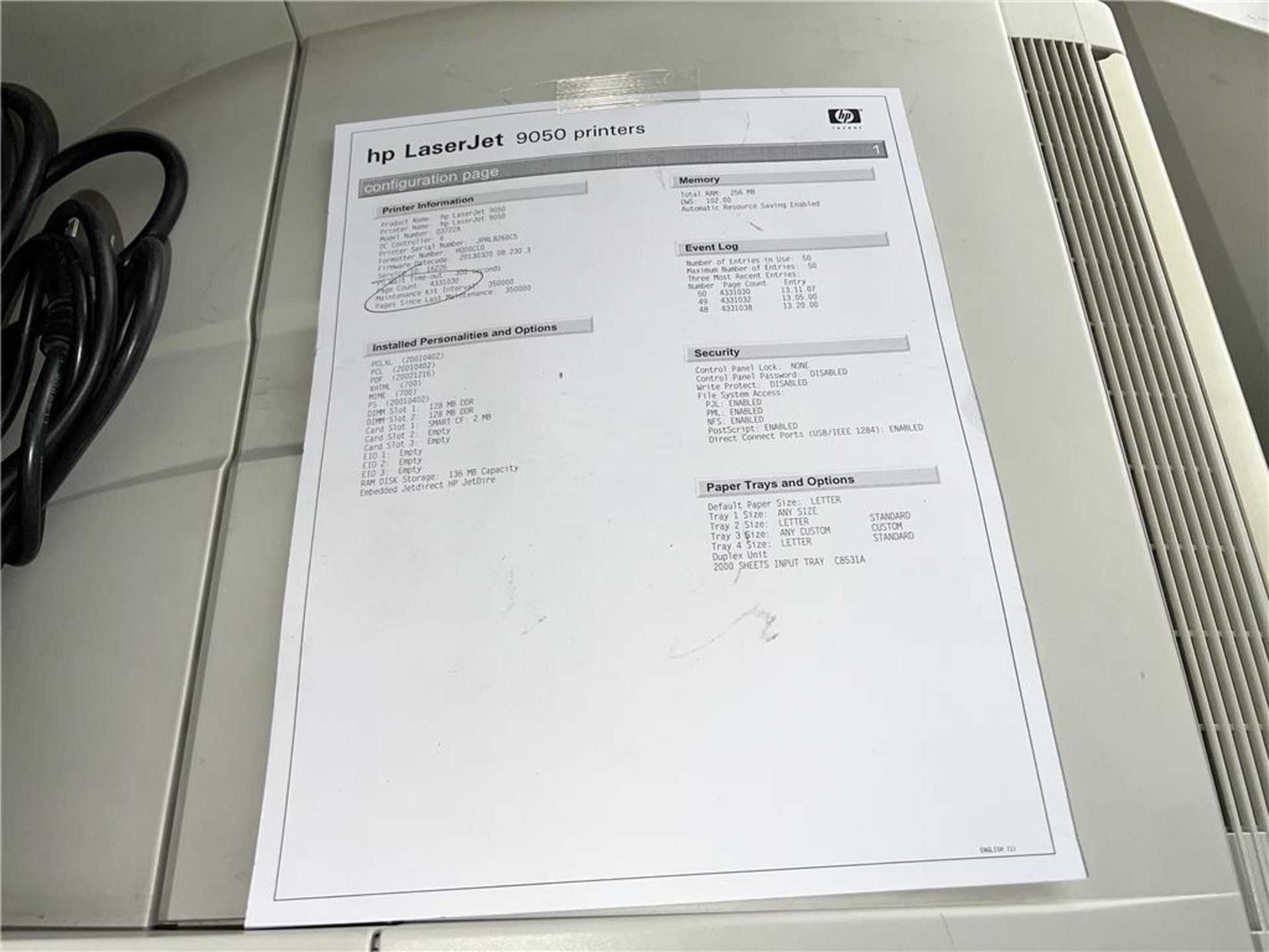 HP LASERJET 9050DN MULTIFUNCTION PRINTER, 4,331,030 IMPRESSIONS, S/N: JPRL8260C5 - Image 2 of 2