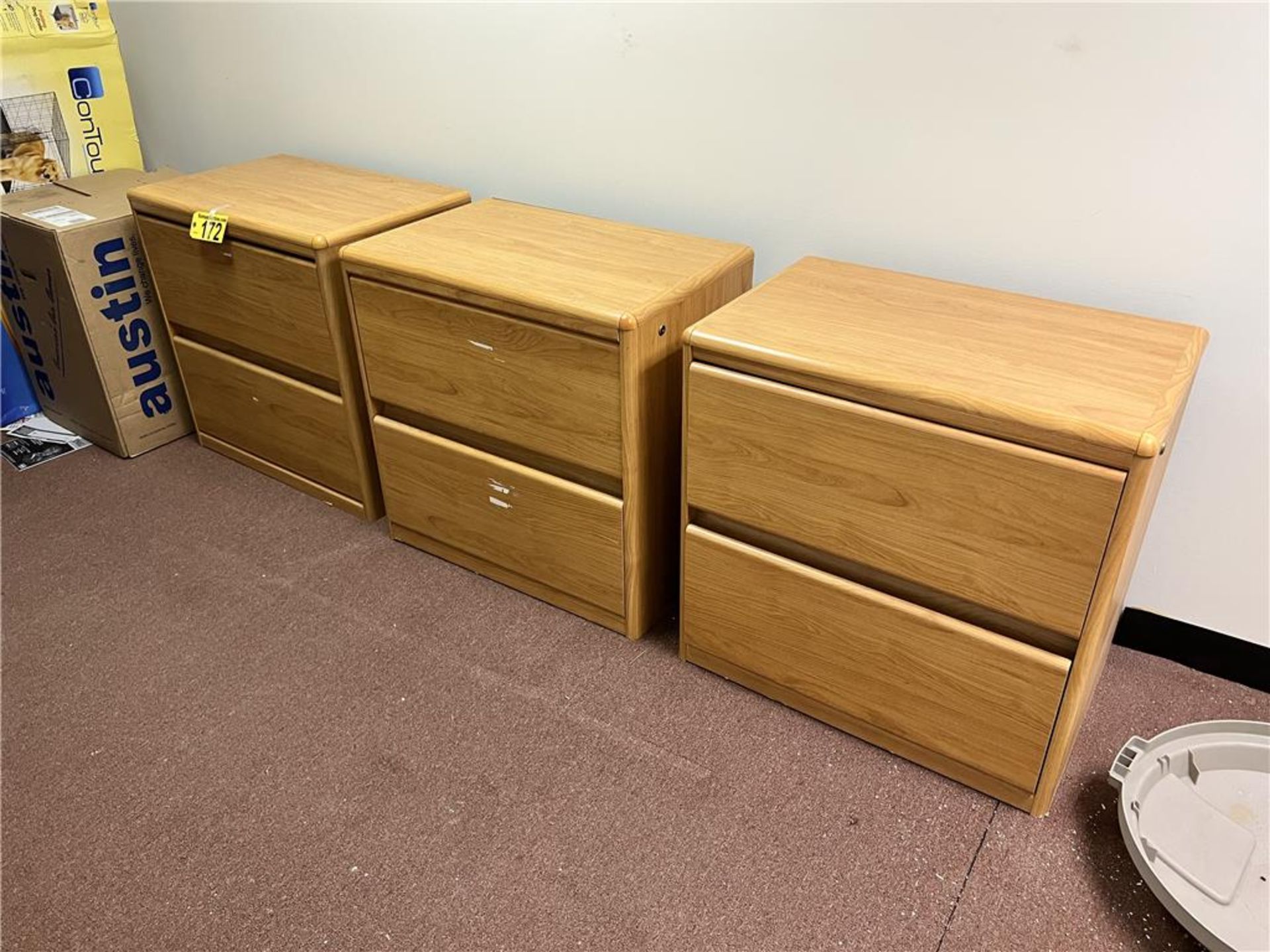 TIMES THE MONEY: (3) WOODEN, LIGHT OAK COLOR, 2-DRAWER LATERAL FILING CABINETS, 31"W X 30"H X 19.5"D
