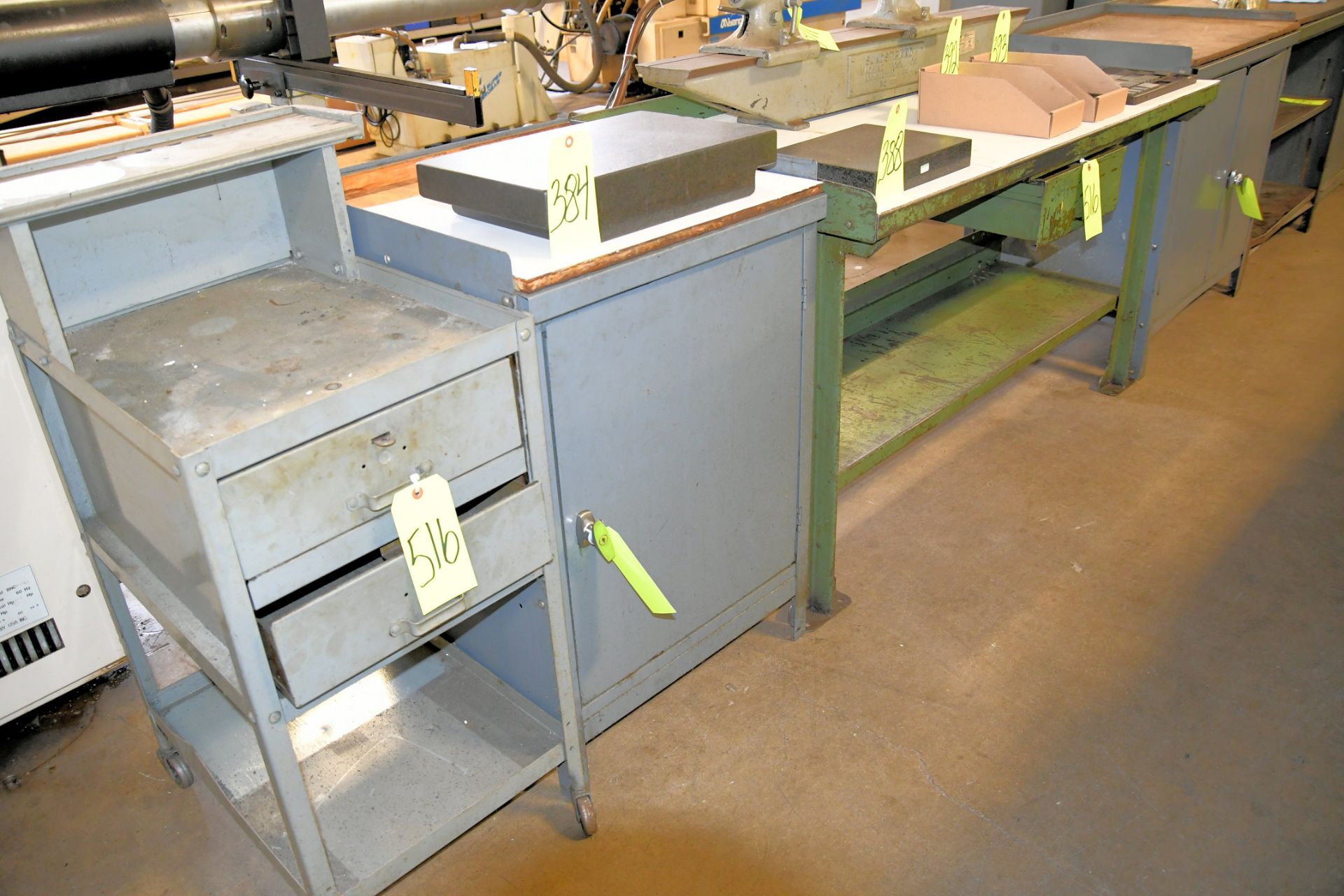 Lot-(1) Work Bench, (1) Single Door Cabinet, (2) Stands and (1) 4-Drawer Cabinet,
