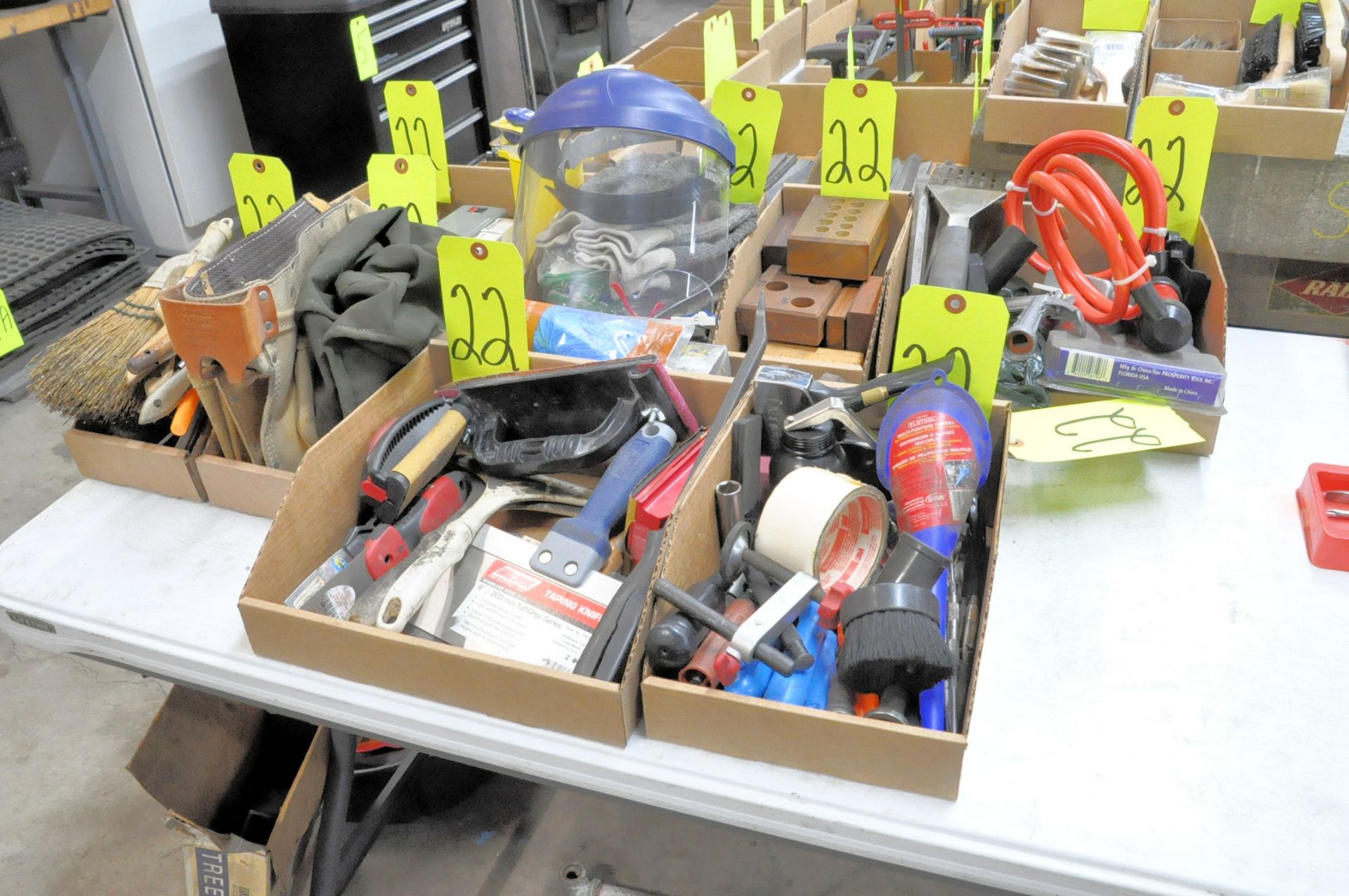 Lot-Brushes, Tool Belt, Padlocks, Putty Knives, Face Mask, Misc. Tools, etc. in (8) Boxes