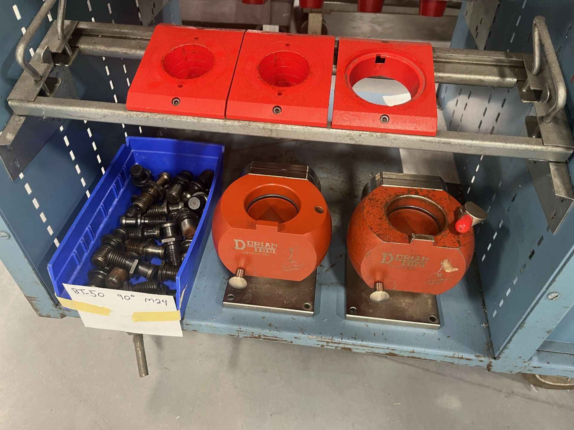 Lot of Assorted BT-50 Tool Holders w/ Rack on wheels