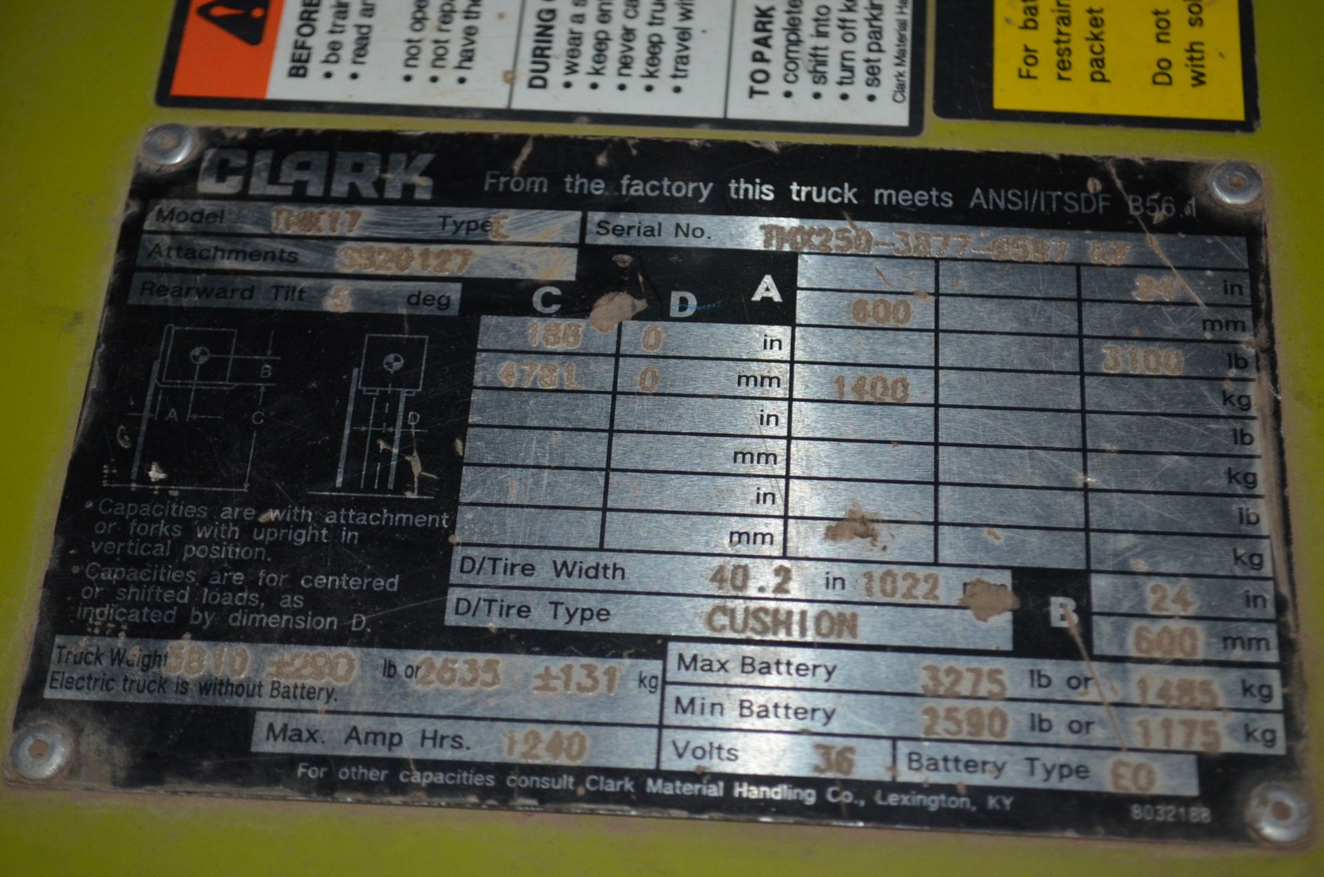 Clark 3-Wheel Forklift Truck, 3,100 LB Capacity, 36 Volt, Solid Tires, 42 in Forks, Side Shift - Image 9 of 12