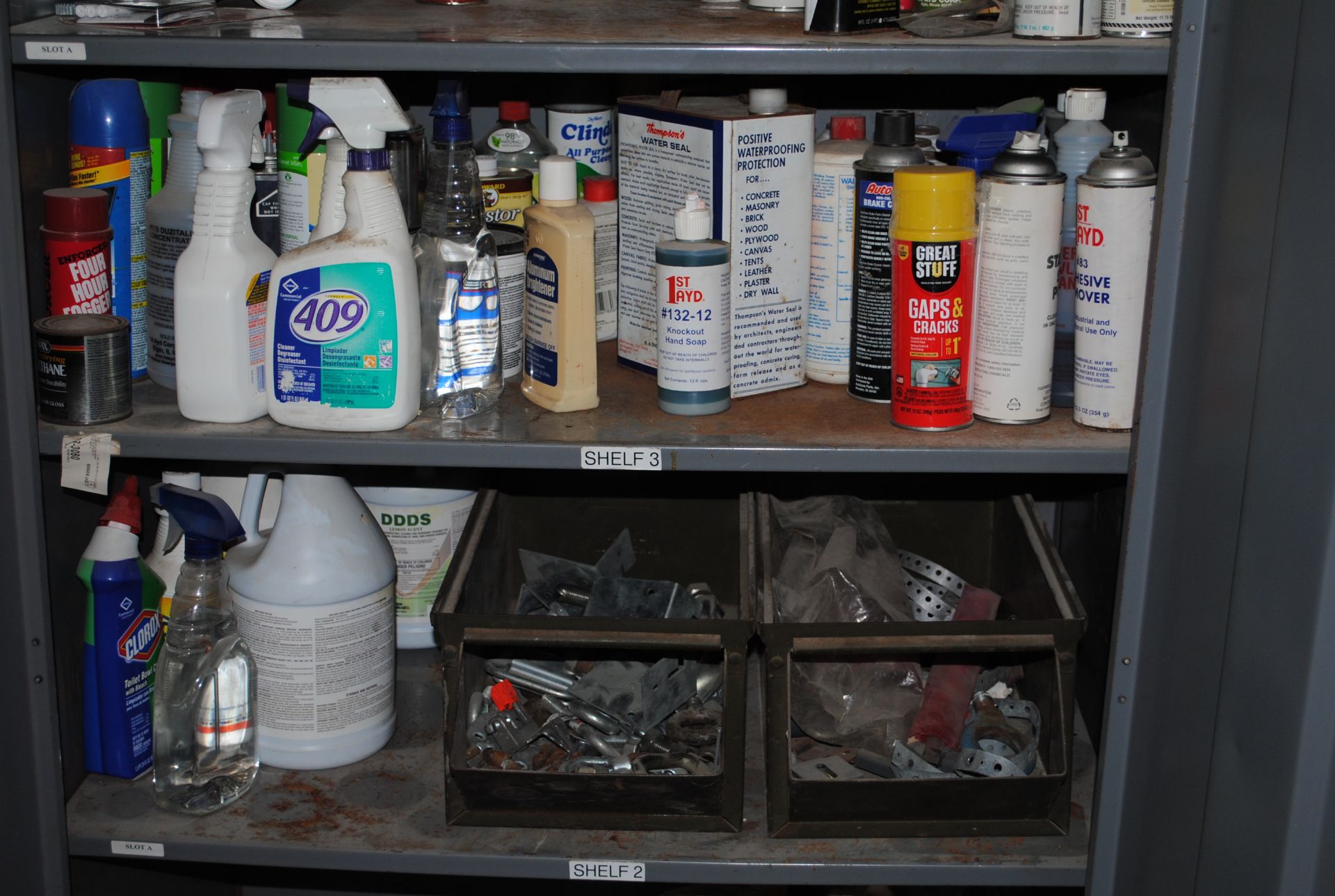 Lot - Cabinet of Misc. Clearers, Cork, Adhesive Remover, Soap. Cabinet of Spray Paint, Window - Image 2 of 13