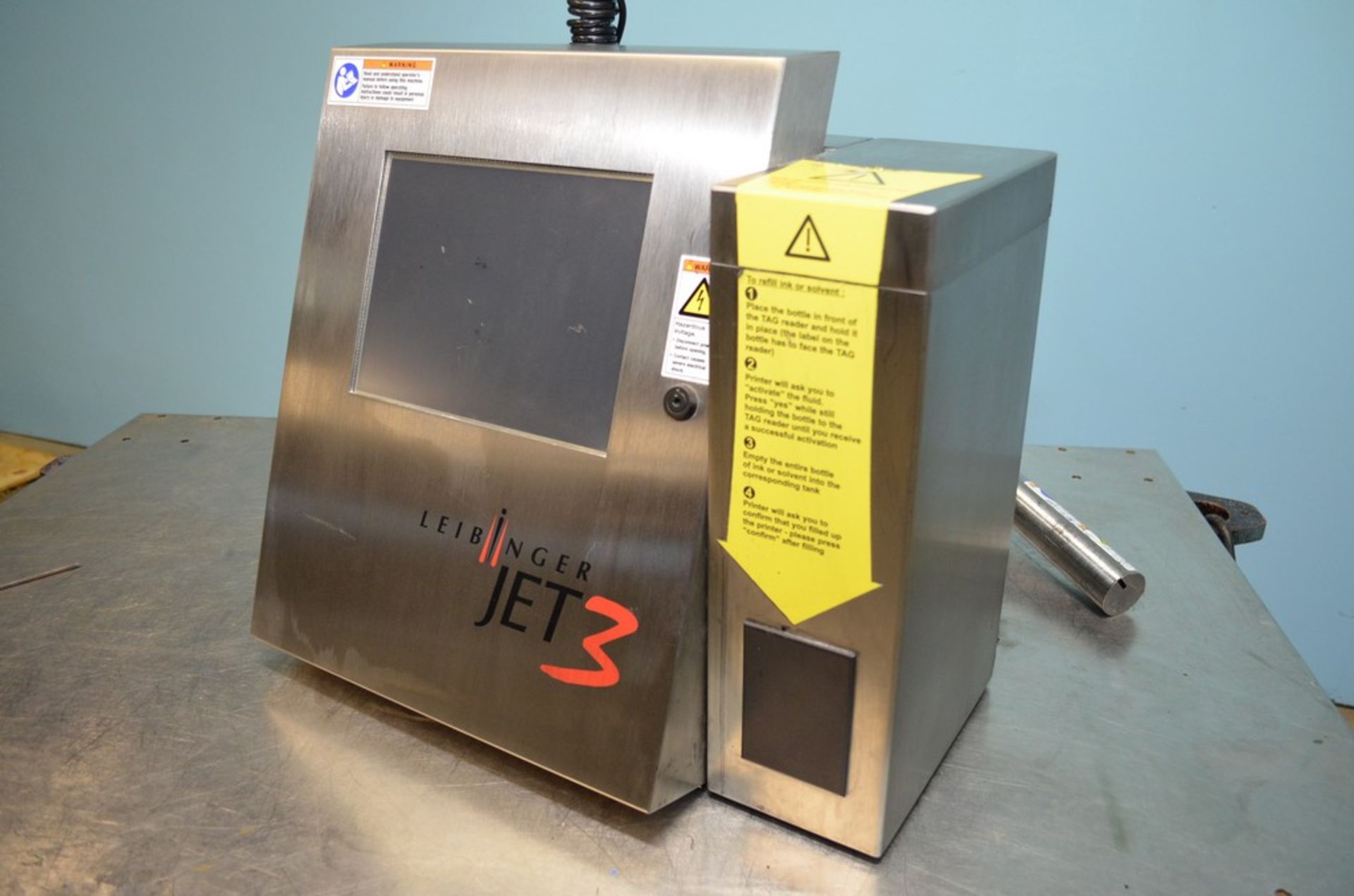 Leibinger Jet3 Ink Jet Coder. Printing Speed up to 21.65 Feet Per Second (10 CPI). Printing Height