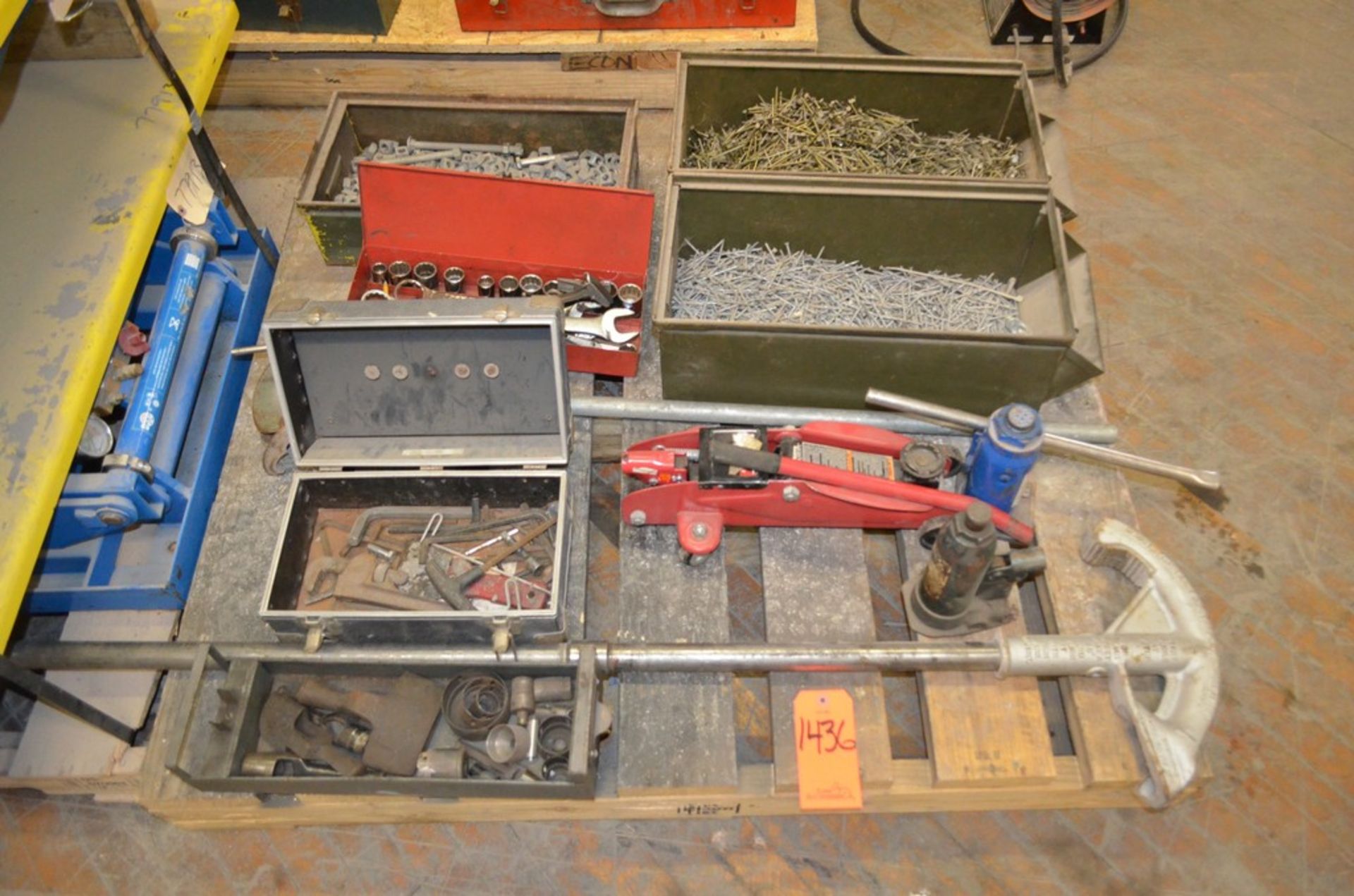 Lot - Hydraulic Jacks, Pipe Bender, Hand Wrenches, Nails Etc.