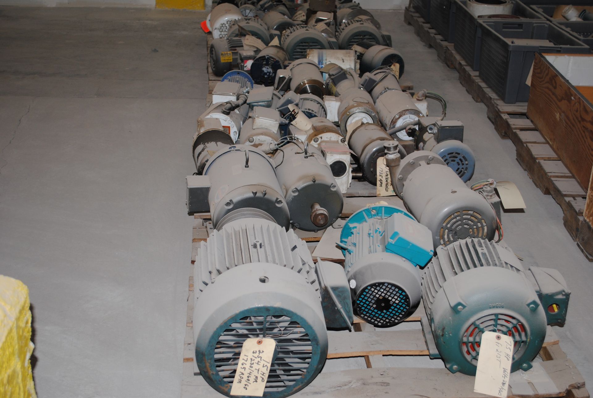 Lot - (36) Assorted Motors and (5) Gearhead Motors, (1) motor with Pump, Etc. on (4) Pallets